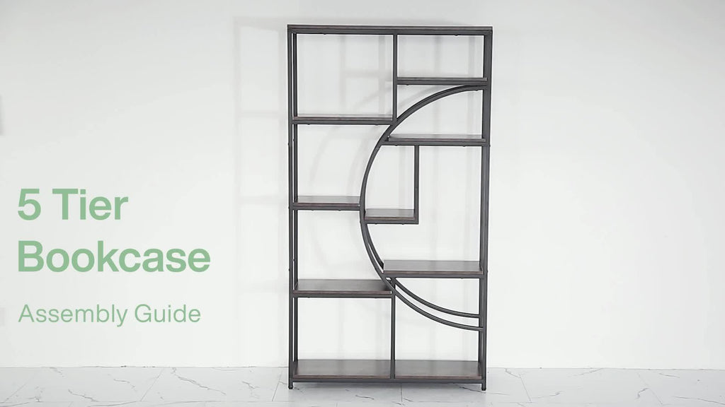 Industrial Bookshelf Tall 5 Tier Industrial Bookshelf - Freestanding Display Shelf Storage Organizer with 9-Open Storage Shelf for Living Room, Bedroom, Standing Shelf