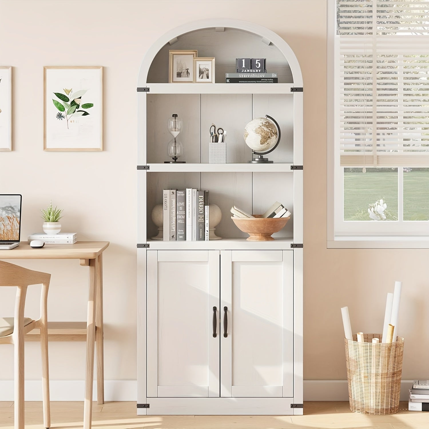 Farmhouse Cabinet with Shelves Bookcase with Doors Arched Bookshelf 71.65 Inch High Bookcase for Home Office, Living Room