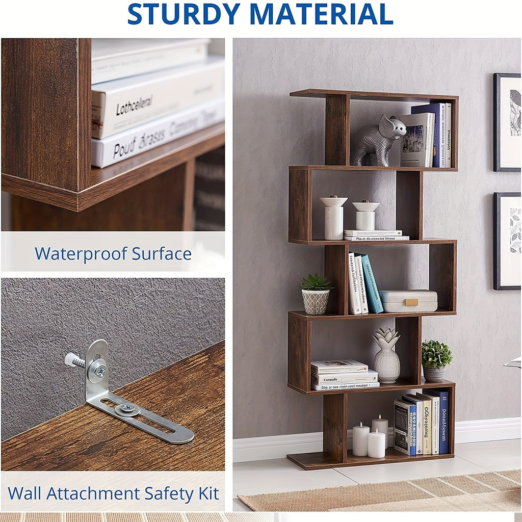 Aurorome 5-Tier Wooden Geometric S-Shaped Bookcase, Set Of 2 Storage Rack with Open Shelves, Shelving for Plant Album, Trinket Display, Spacious Storage Display Shelf - 62.5\