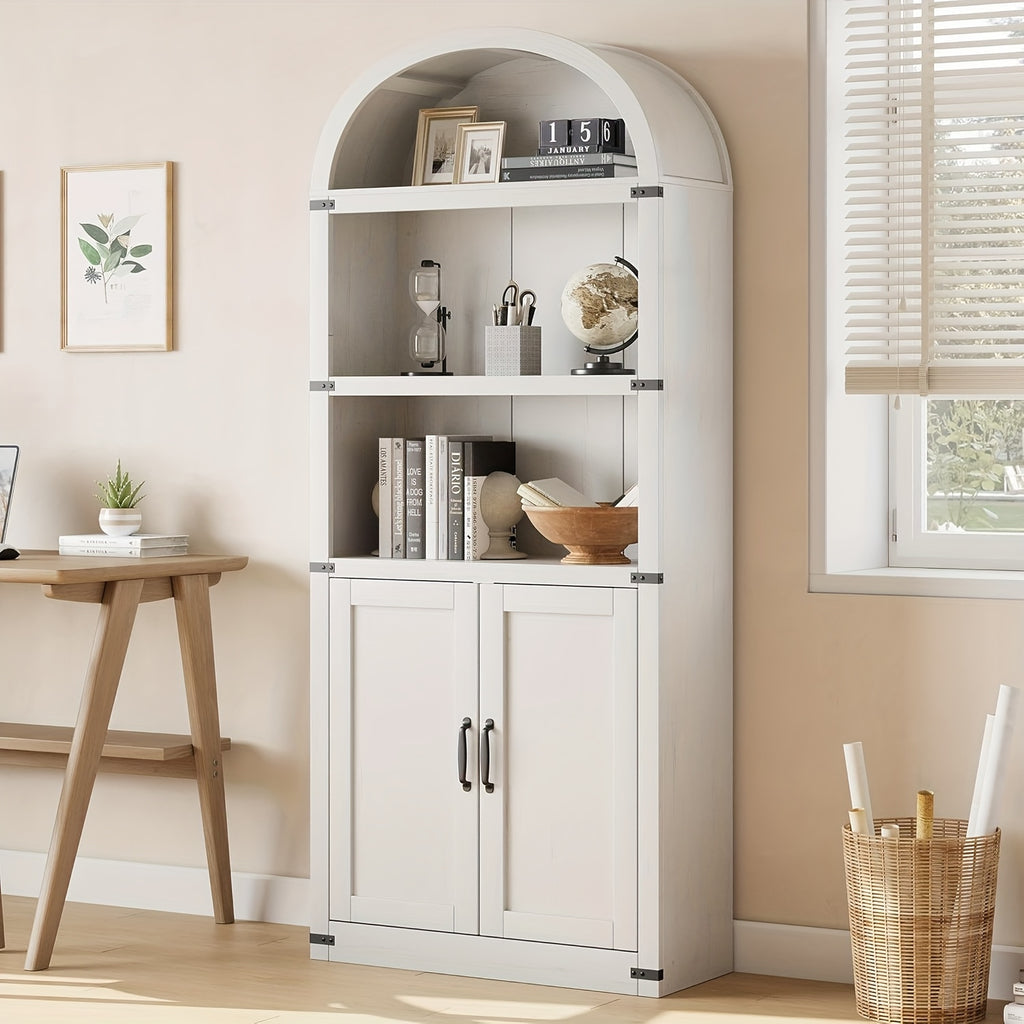 Farmhouse Cabinet with Shelves Bookcase with Doors Arched Bookshelf 71.65 Inch High Bookcase for Home Office, Living Room