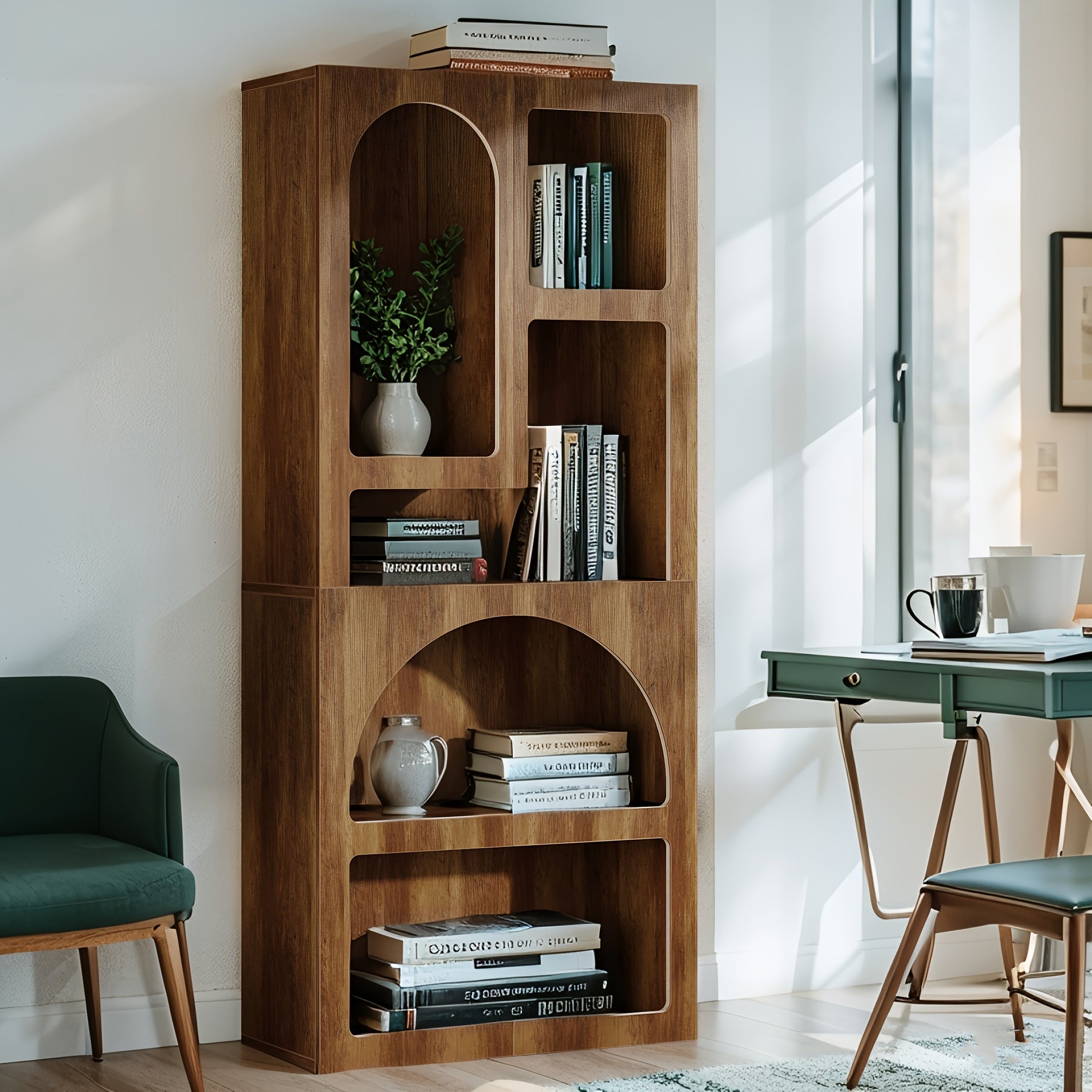 Tall Arched Bookshelf, 5 Tiers Arch Bookcase With Storage, Modern Farmhouse Book Shelf, Wood Bookshelf W\u002FOpen Display Shelves For Living Room, Office