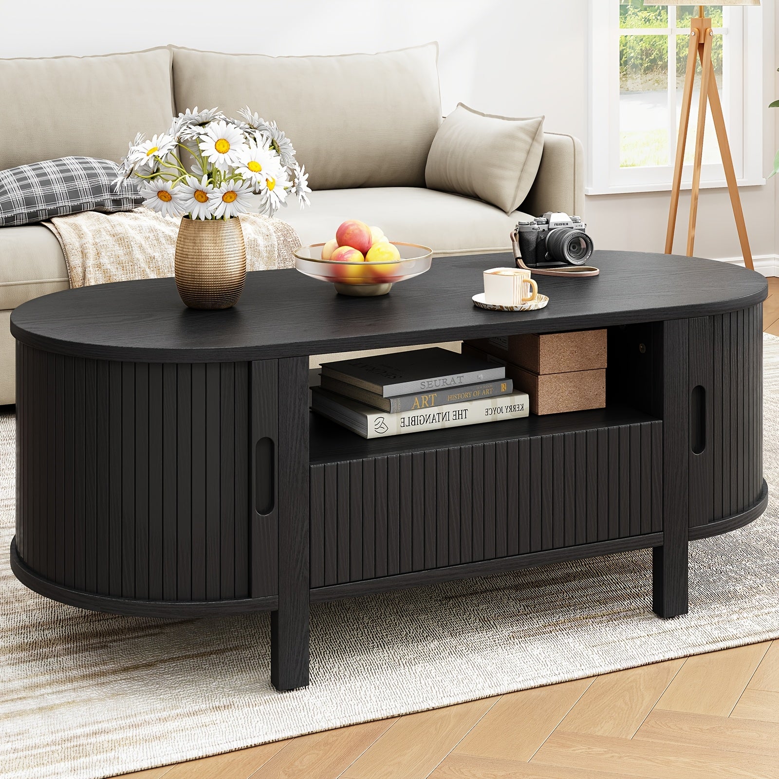 47.2 Inch Oval Coffee Table With Storage, Mid Century Modern Coffee Table With Drawer, Center Tables With Sliding Door And Wood Fluted Handle For Living Room, Walnut\u002FBlackNatural White