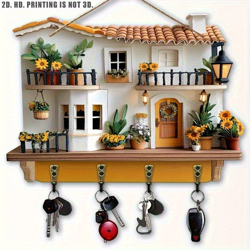 Rustic Pine Wood Flower Cottage Key Holder - Natural Material, 2D Flat Wall-Mounted Entryway Decor with Floral Cutouts & 4 Key Hooks, Cute Home Organization for Keys & Small Items, Decorative Detailing, Wall Mounted Organizer, Apartment Living, 2D Flat