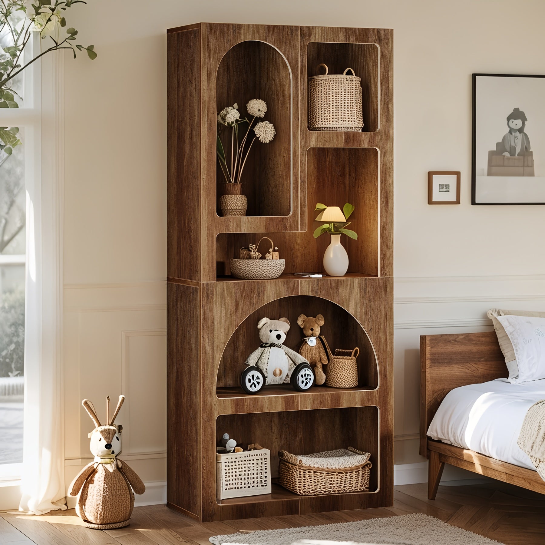 Tall Arched Bookshelf, 5 Tiers Arch Bookcase With Storage, Modern Farmhouse Book Shelf, Wood Bookshelf W\u002FOpen Display Shelves For Living Room, Office