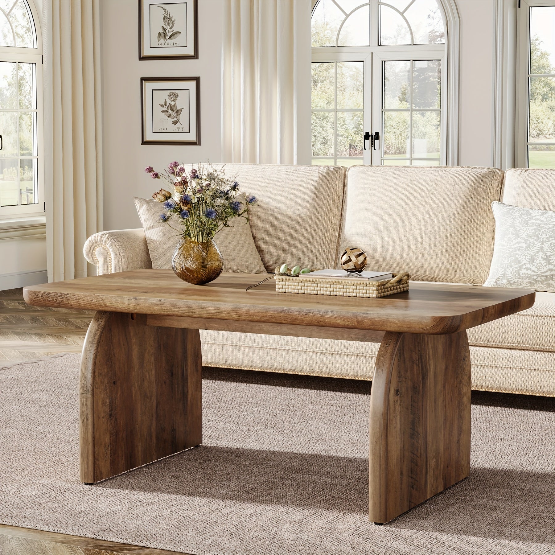 Farmhouse 47-Inch Coffee Table, Vintage Wood Rectangle Living Room Table, Modern Accent Center Table Low Tea Table with Sturdy Base & Rounded Corners, Easy Assembly, Rustic Brown\u002FBlack