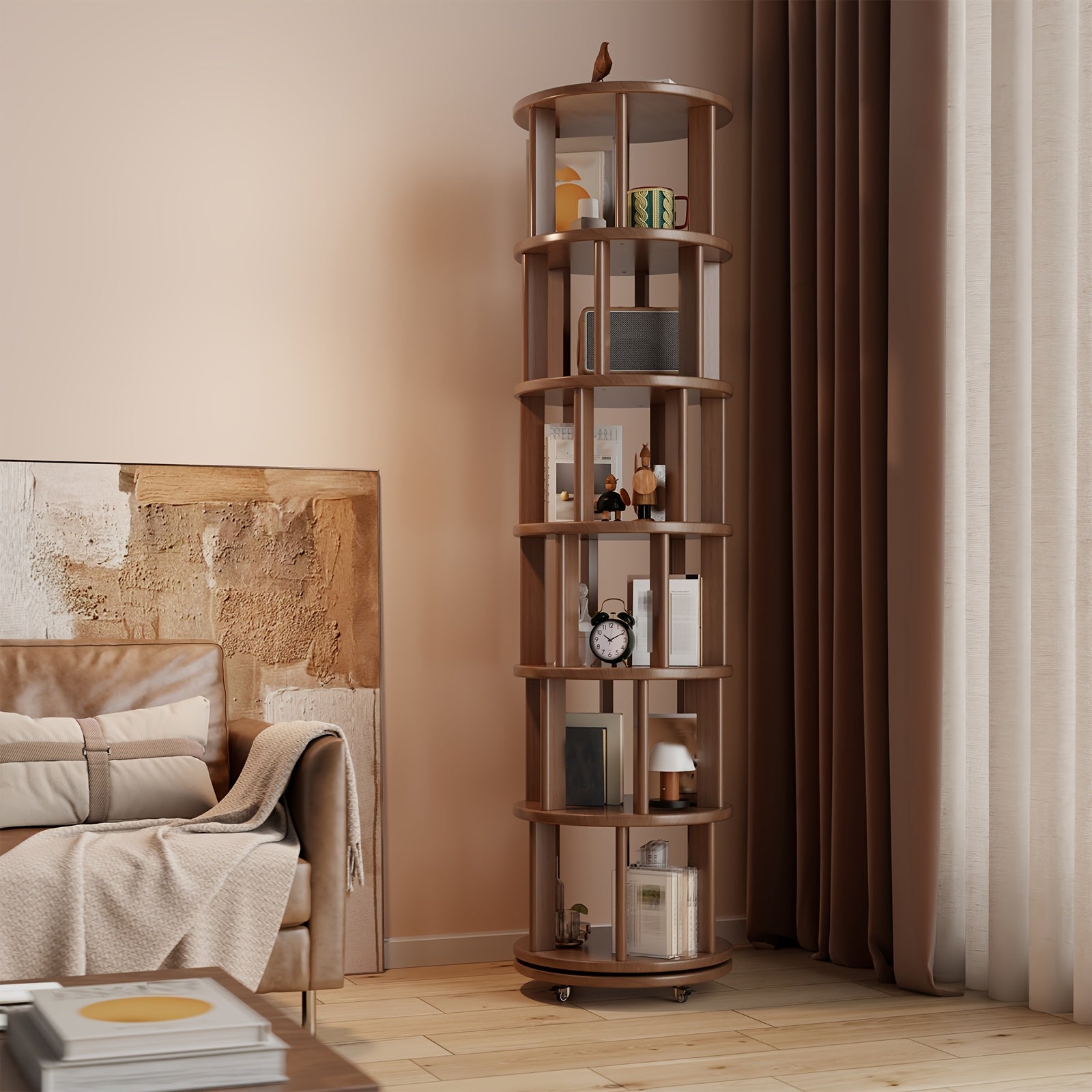 Furniture For Home Solid Wood Rotating Bookshelf With Brake Wheels In Classic Walnut, 360° Display 6 Tier Stackable Spinning Bookshelf Tower, Revolving Bookcase For Small Space Free Shipping
