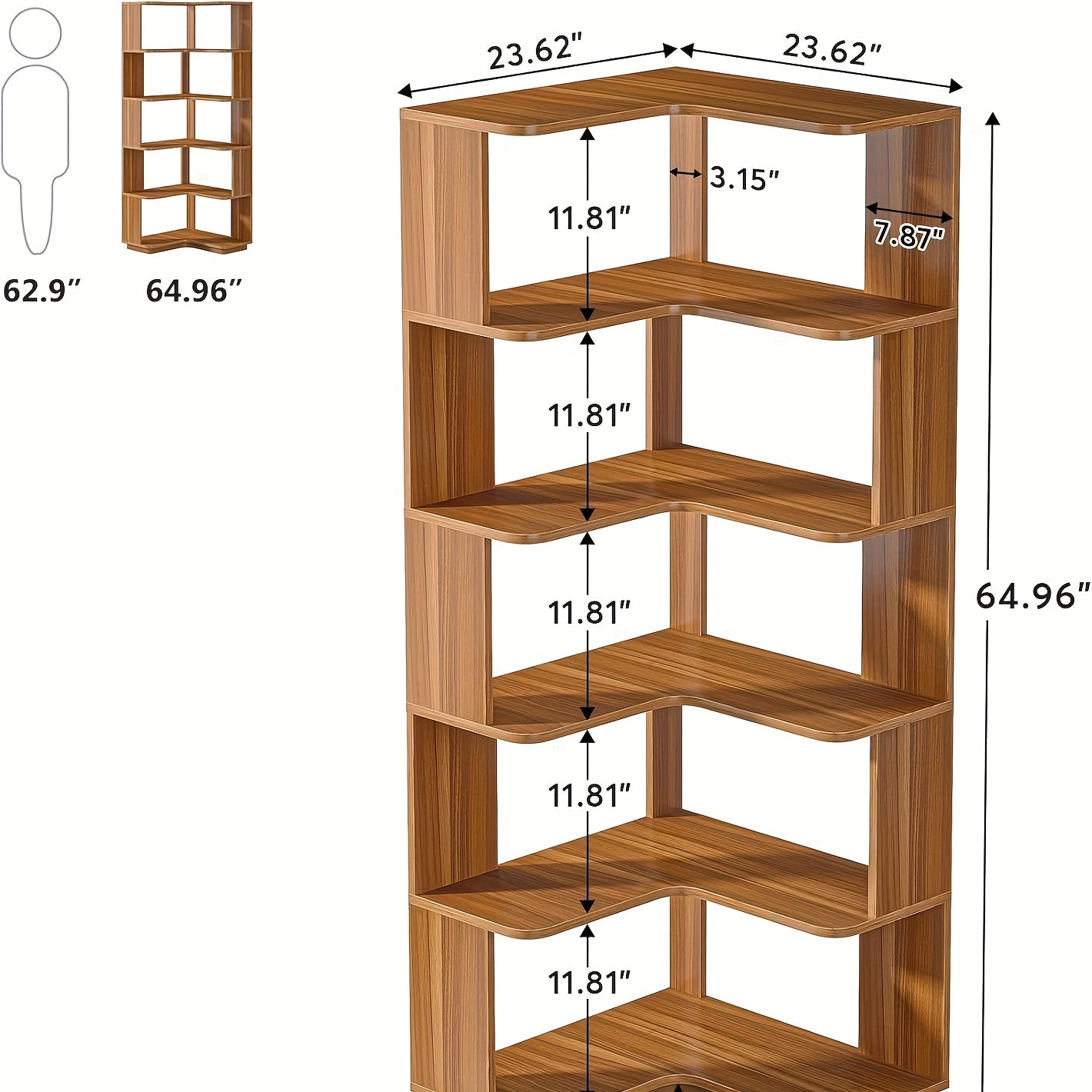6 Tier Corner Bookshelf, 64.9 Inches Tall Industrial L Shaped Bookcase With Anti-Drop Panel, Freestanding Wood Grain Shelf Display Rack Storage Organizer For Home Office