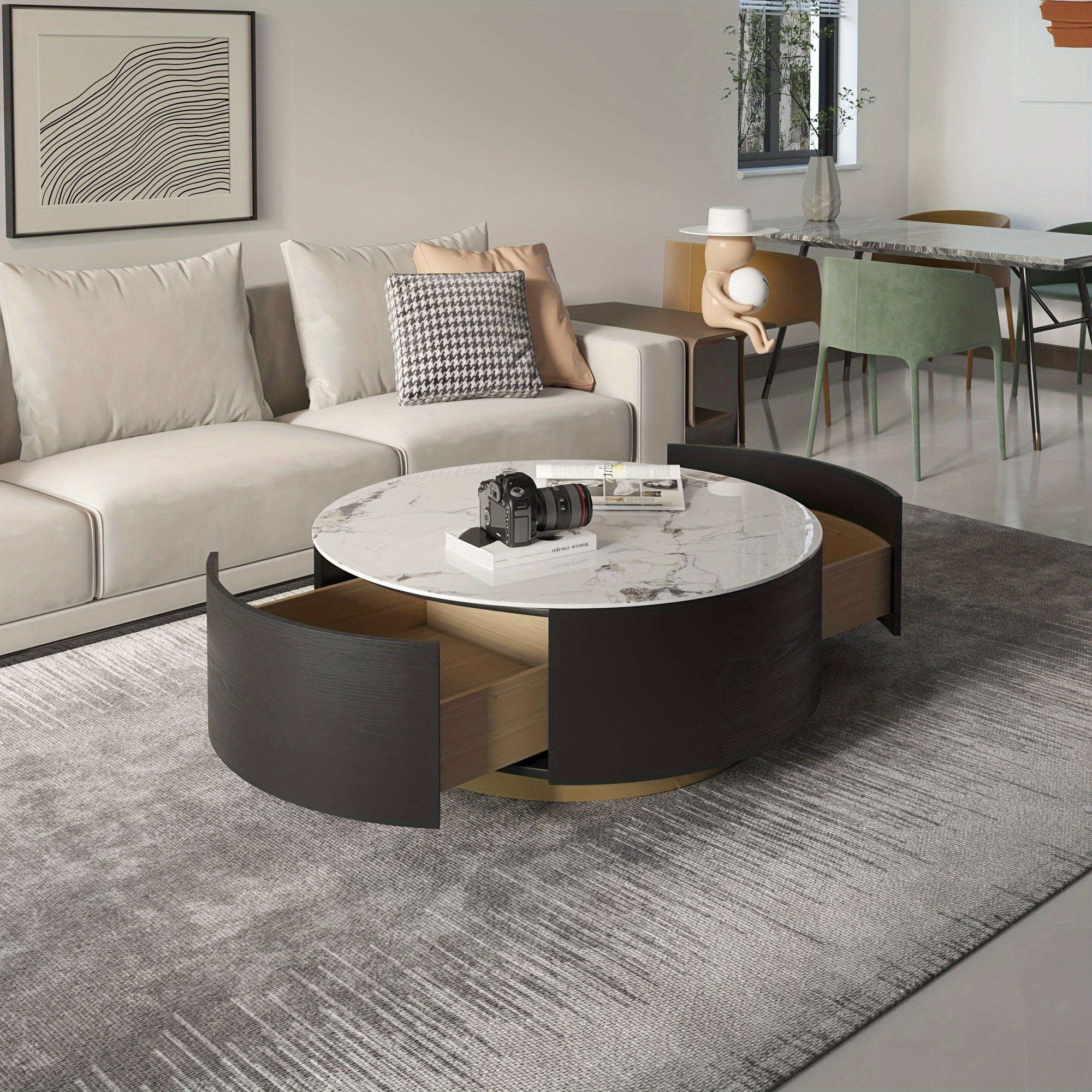 1pc Sdorens Modern Round Coffee Table with 2 Drawers - Sintered Stone Top, Golden Base, Wood Construction, Independent Center Table for Living Room, Fully Assembled, Black, Under 27\