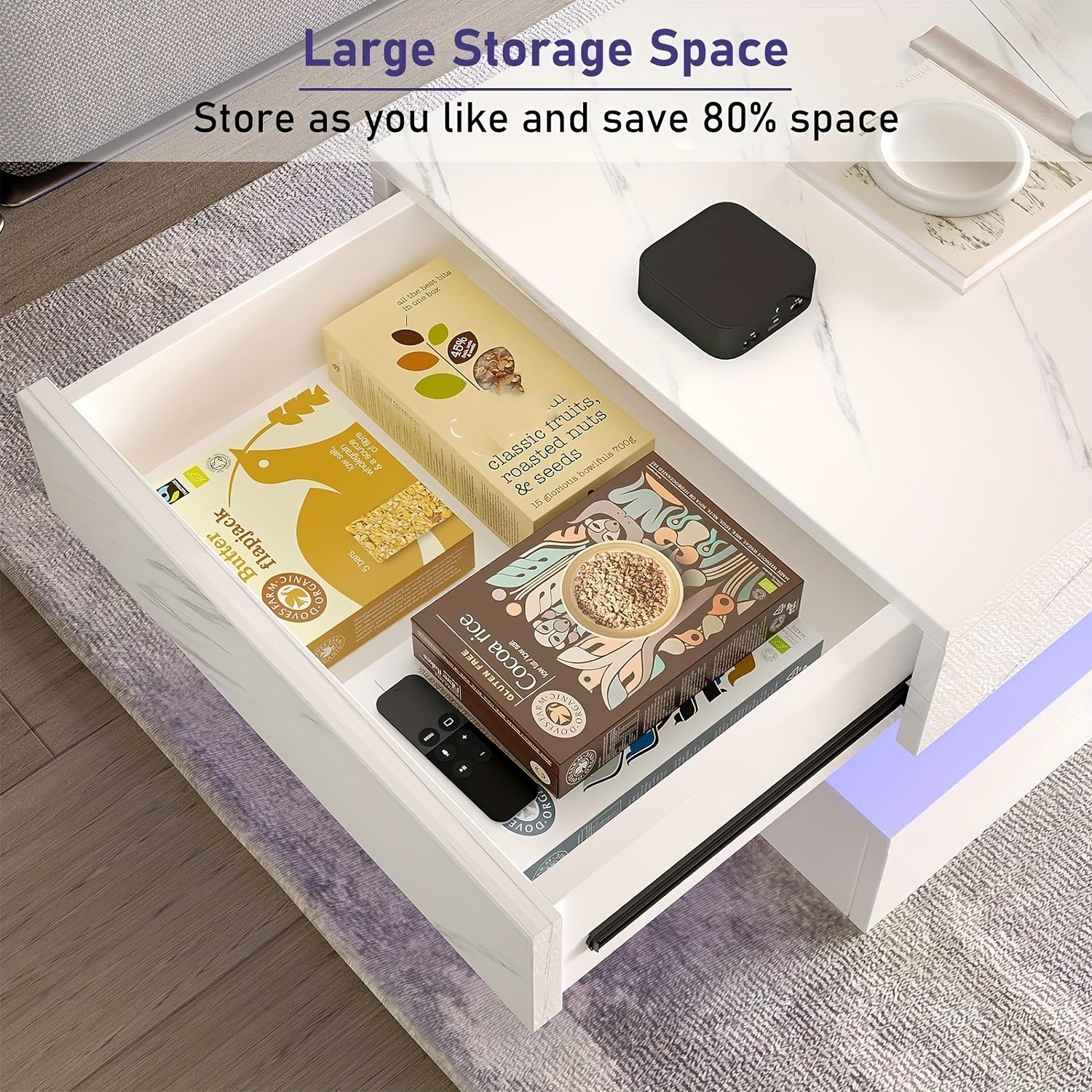 White LED Coffee Table with 2 Storage Drawers, Modern High Gloss Coffee Table w\u002F20 Colors LED Lights, 2 Tiers Rectangle Center Table for Living Room with Marbling Print, APP Control, Black