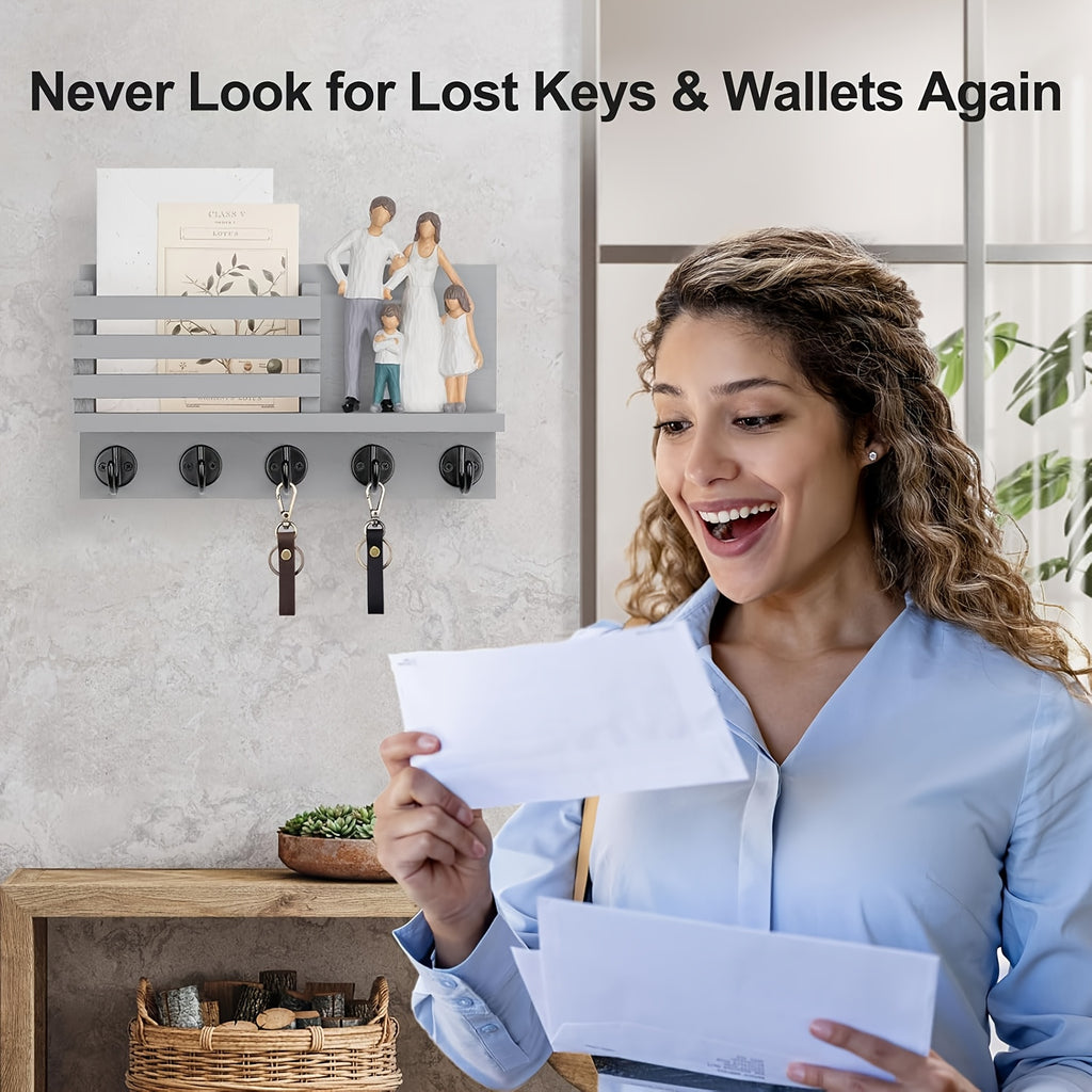 Wooden Wall Key Holder Decorative Wooden Wall Key Holder with 5 Metal Key Hooks - Paulownia Wood, Mounting Hardware and Installation Guide