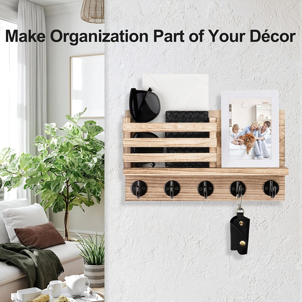 Wooden Wall Key Holder Decorative Wooden Wall Key Holder with 5 Metal Key Hooks - Paulownia Wood, Mounting Hardware and Installation Guide