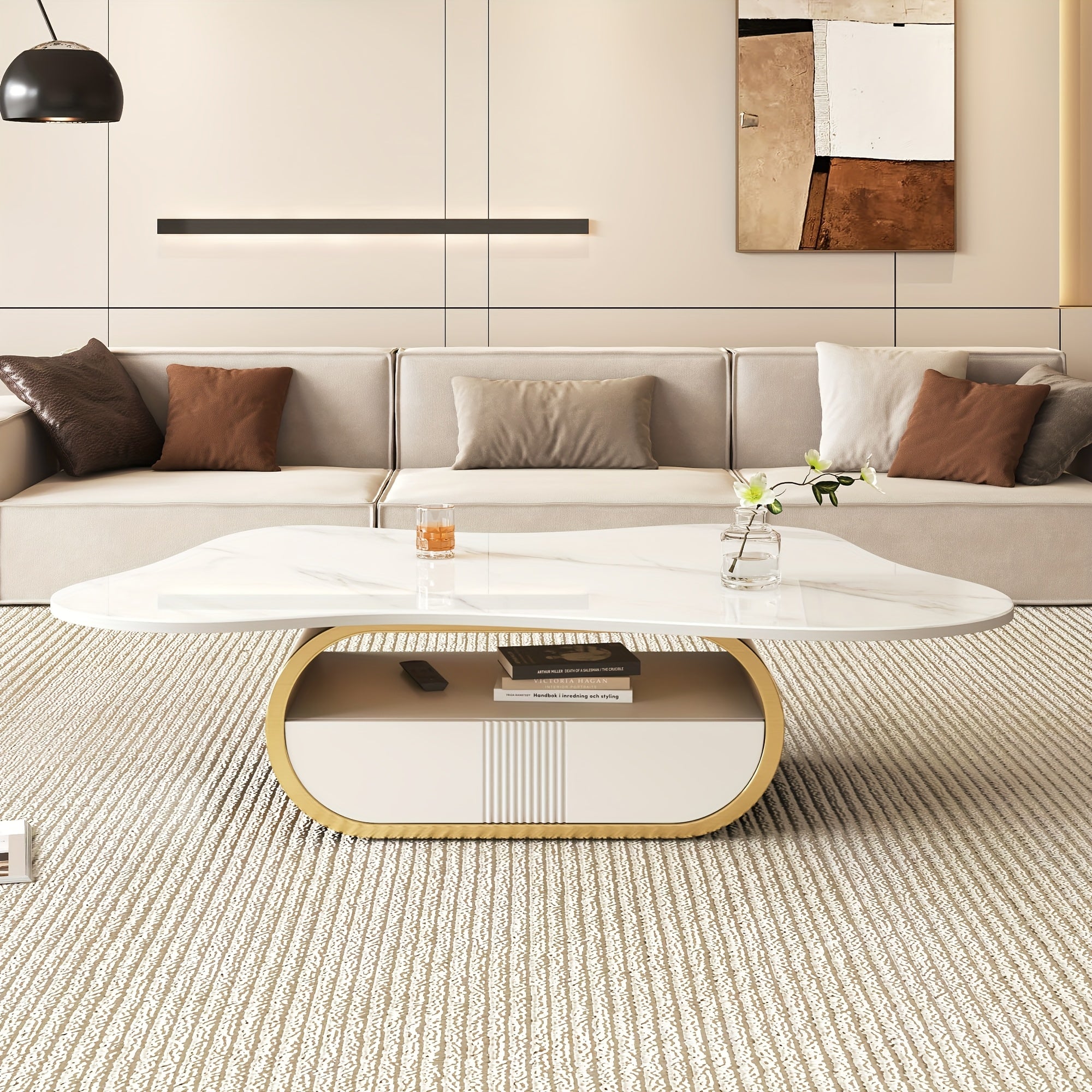 Modern Butterfly Coffee Table with Sintered Stone Top Oval Center Table with Storage Shelf & Drawer, Stainless Steel Base & MDF Cabinet