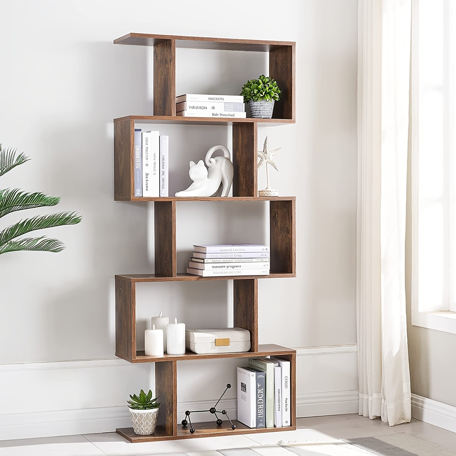 Aurorome 5-Tier Wooden Geometric S-Shaped Bookcase, Set Of 2 Storage Rack with Open Shelves, Shelving for Plant Album, Trinket Display, Spacious Storage Display Shelf - 62.5\