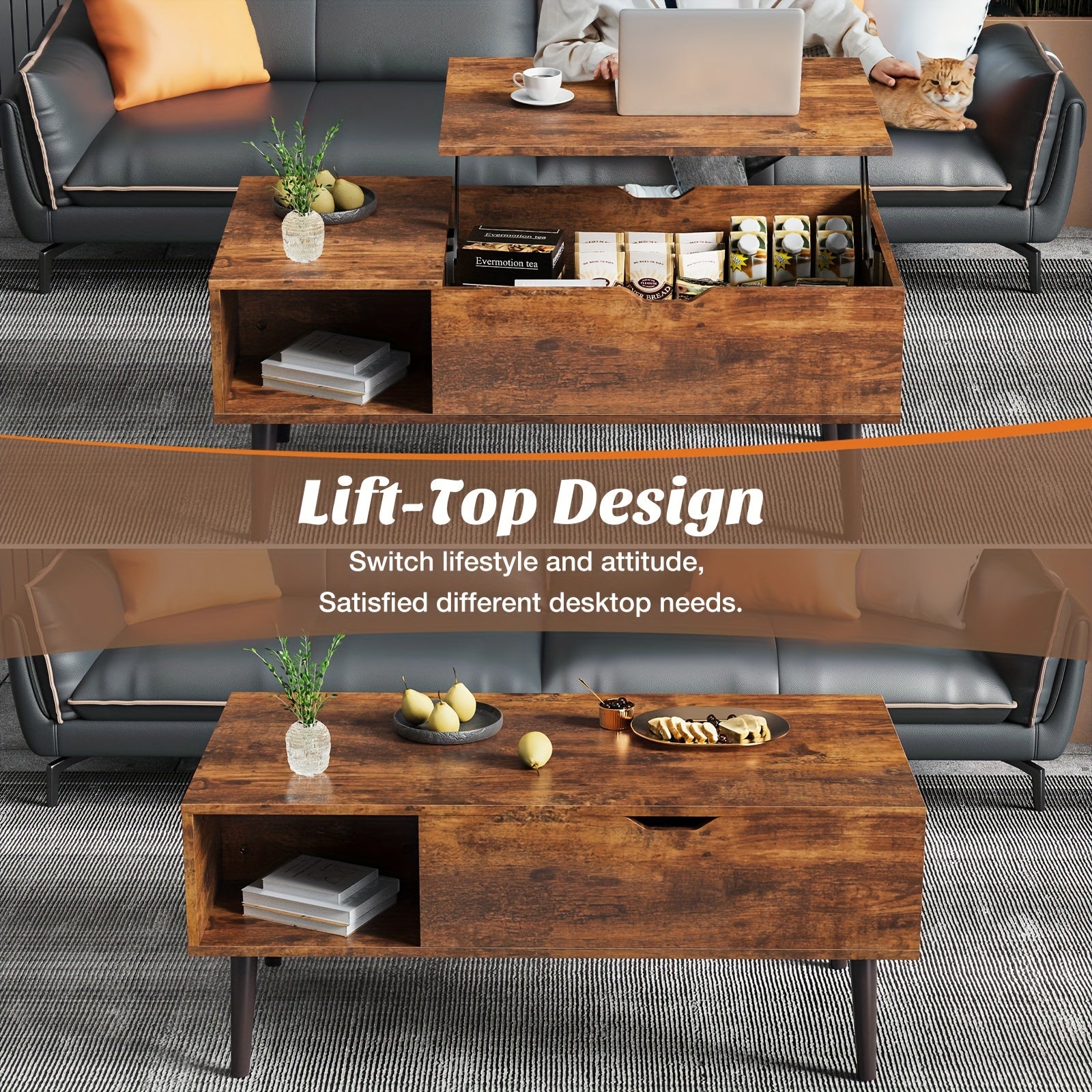 Lift Top Coffee Table(Free Shipping) For Living Room With Hidden Storage Compartment, With Adjustable Storage Shelf For Living Room, Vintage Style, Durable Wood Construction, Lift-top Drawer Modern Coffee Tables Wood Coffee Table, Local Warehouse