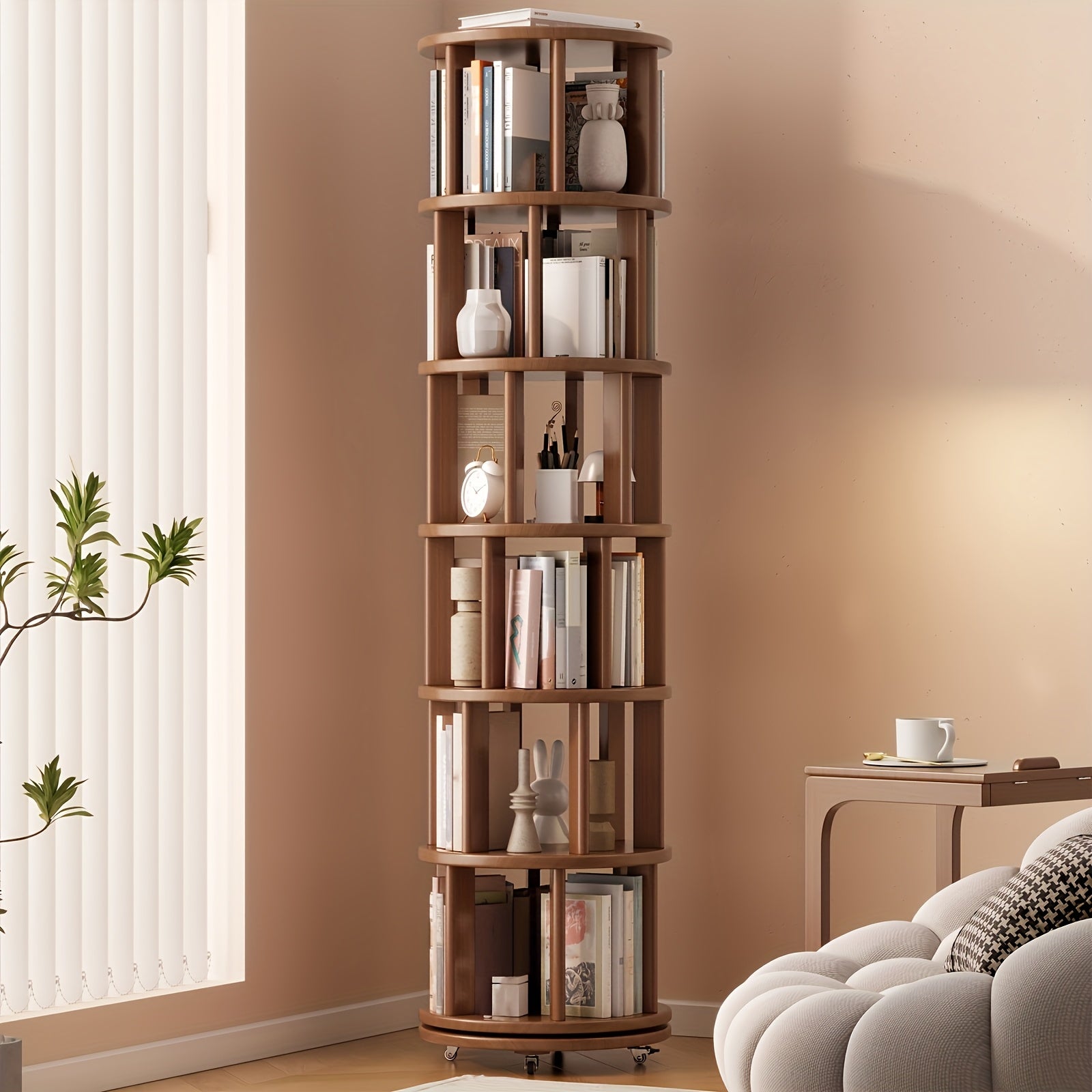 Furniture For Home Solid Wood Rotating Bookshelf With Brake Wheels In Classic Walnut, 360° Display 6 Tier Stackable Spinning Bookshelf Tower, Revolving Bookcase For Small Space Free Shipping