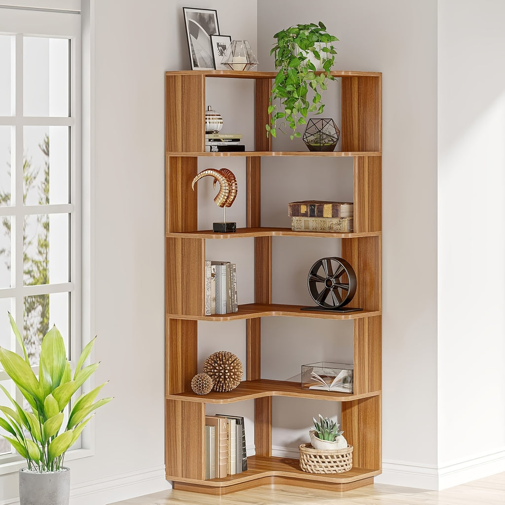 6 Tier Corner Bookshelf, 64.9 Inches Tall Industrial L Shaped Bookcase With Anti-Drop Panel, Freestanding Wood Grain Shelf Display Rack Storage Organizer For Home Office