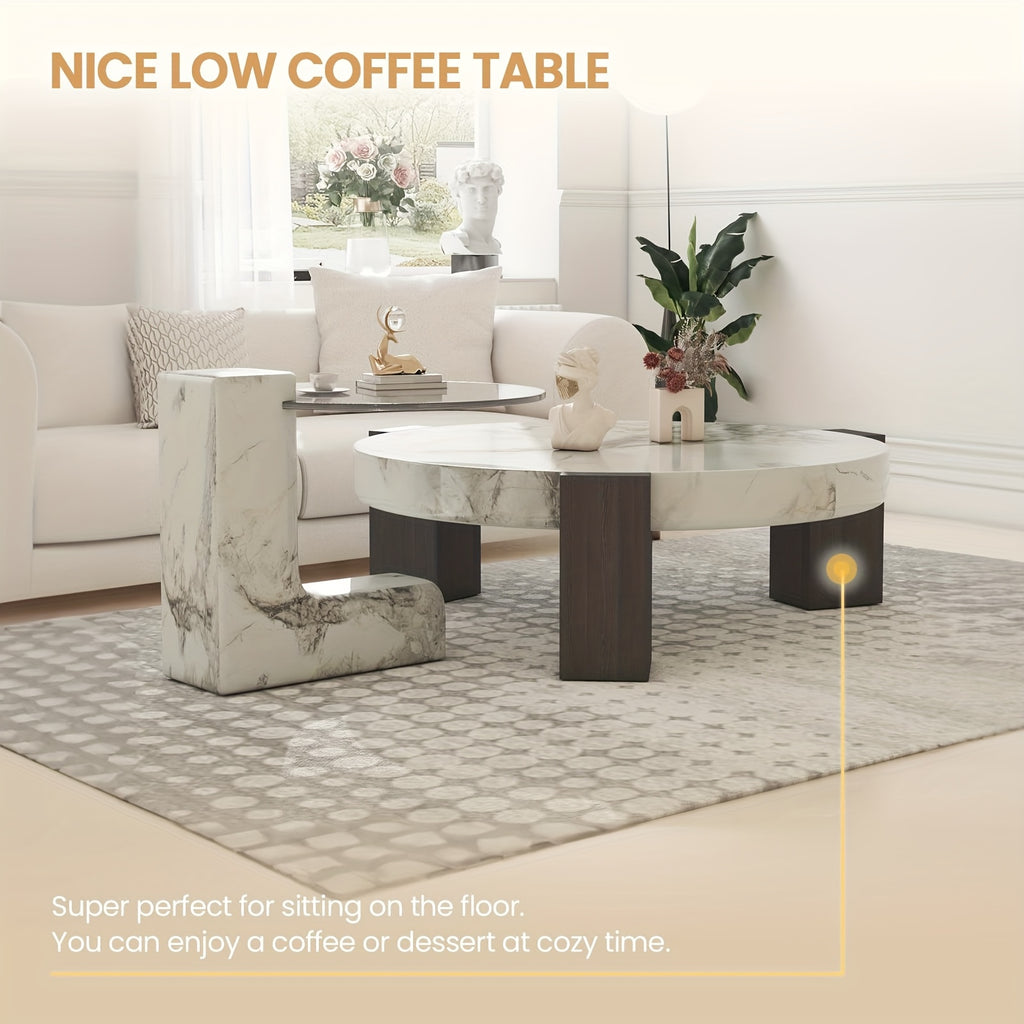 Modern Round Nesting Coffee Tables Set Of 2, Round Coffee Table For Living Room, Coffee Tables With Faux Marble Texture Surface And C-Shaped Side Table, Nesting Coffee Tables For Living Room, Apartment, Bedroom