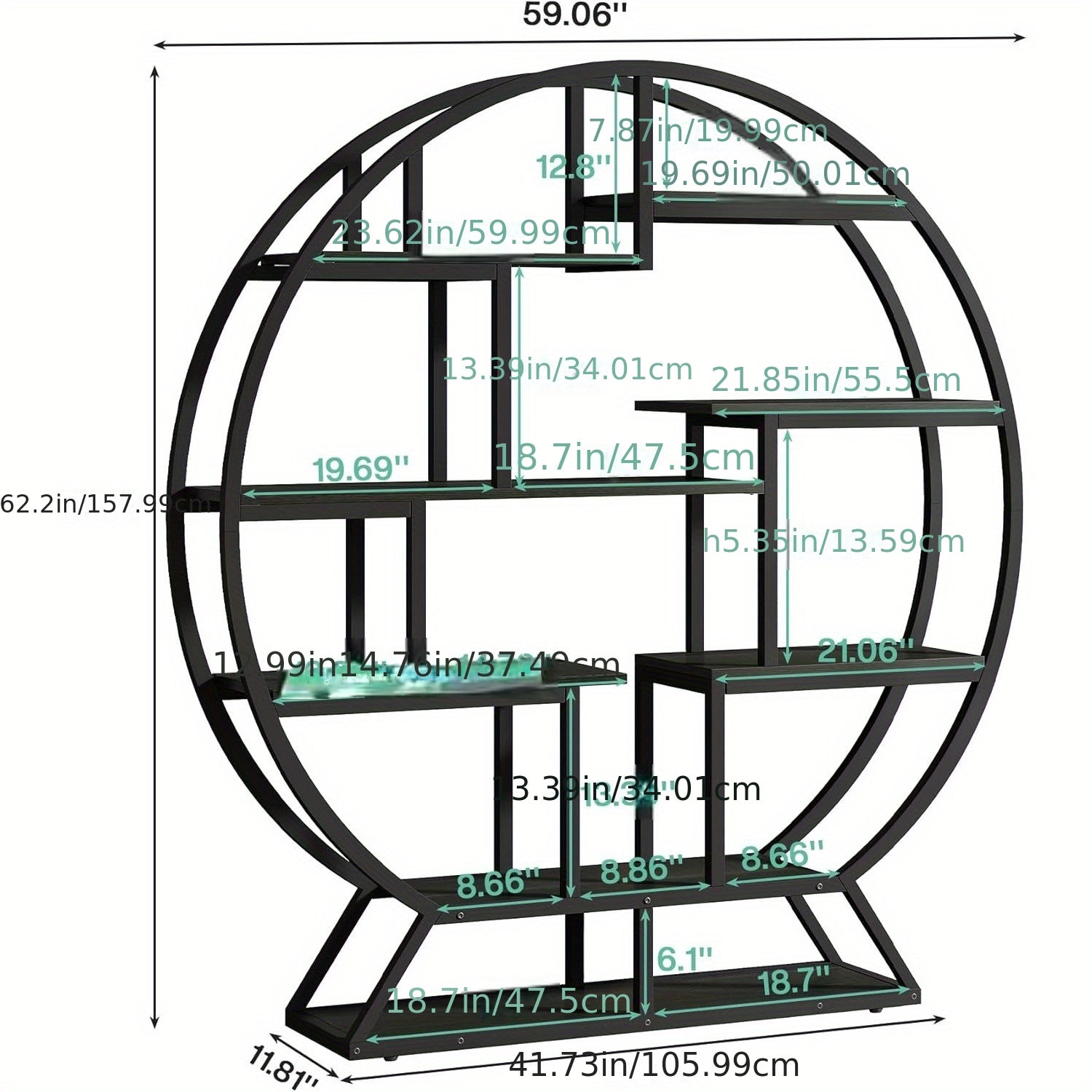 63-inch Industrial Wood Round Bookshelf, Rustic Open Shelving Organizer for Home Office, Living Room, Black