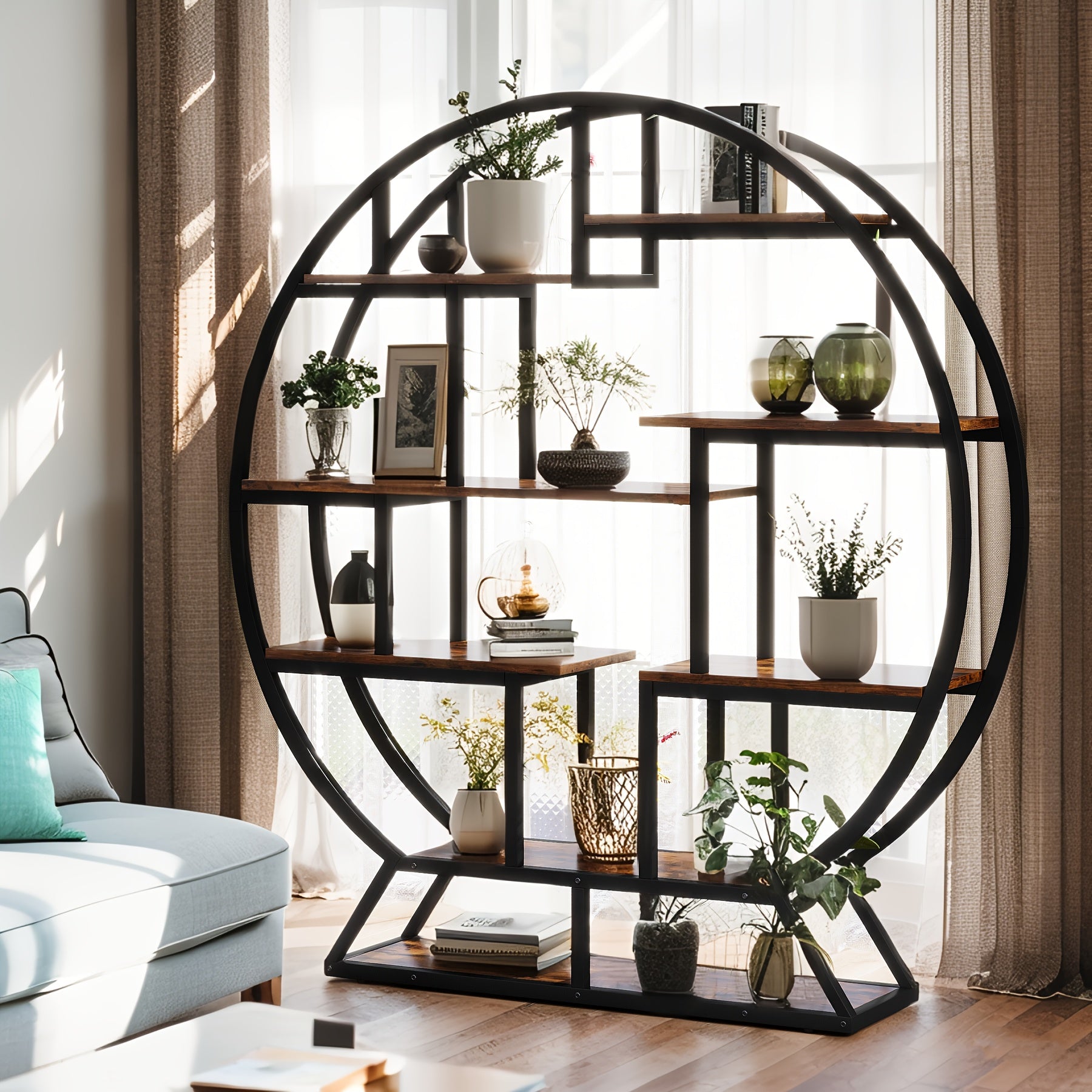 Bookcase Round 8 Tier Bookshelf Open Freestanding Storage Shelf Metal And Wood Plant Stand, Display Stand For Living Room Home Office Entryway Bedroom
