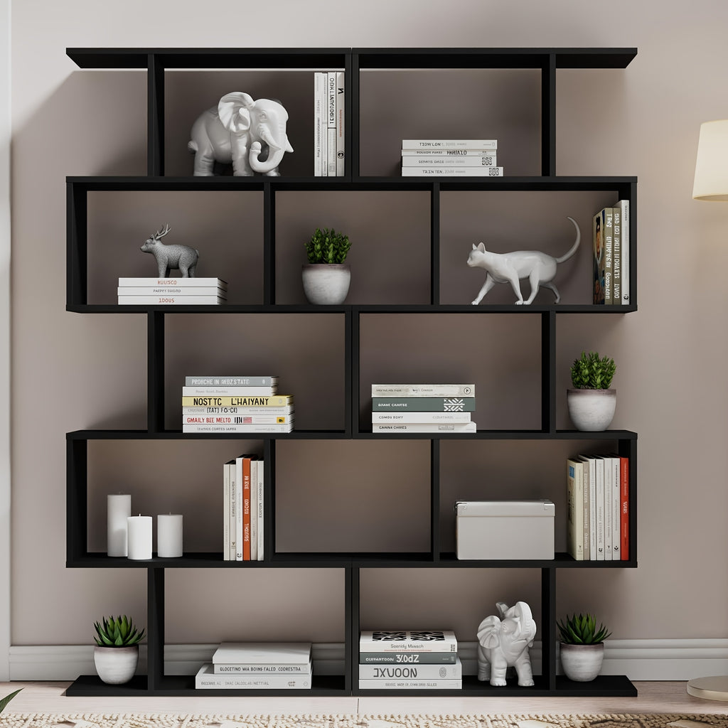 Aurorome 5-Tier Wooden Geometric S-Shaped Bookcase, Set Of 2 Storage Rack with Open Shelves, Shelving for Plant Album, Trinket Display, Spacious Storage Display Shelf - 62.5\