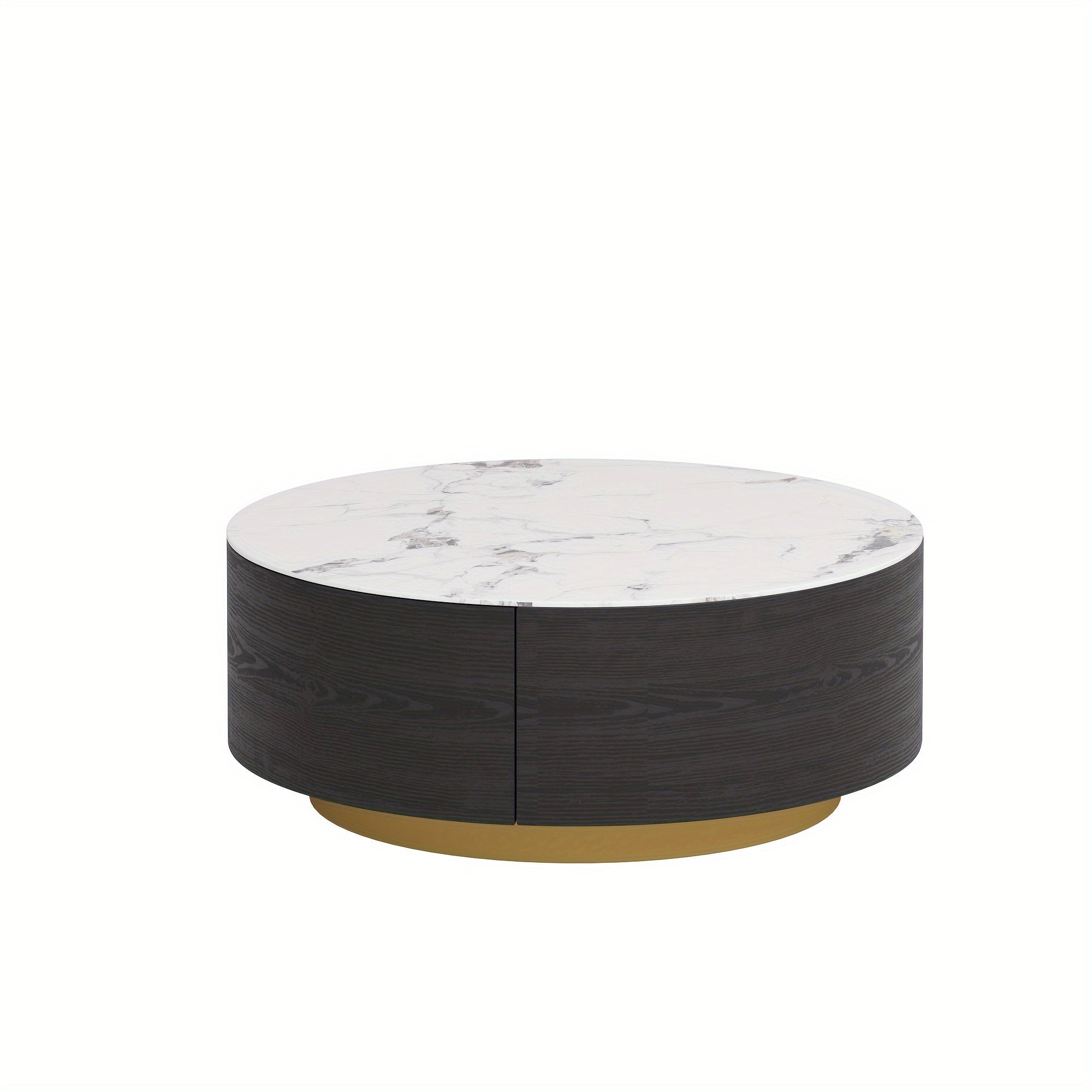 1pc Sdorens Modern Round Coffee Table with 2 Drawers - Sintered Stone Top, Golden Base, Wood Construction, Independent Center Table for Living Room, Fully Assembled, Black, Under 27\
