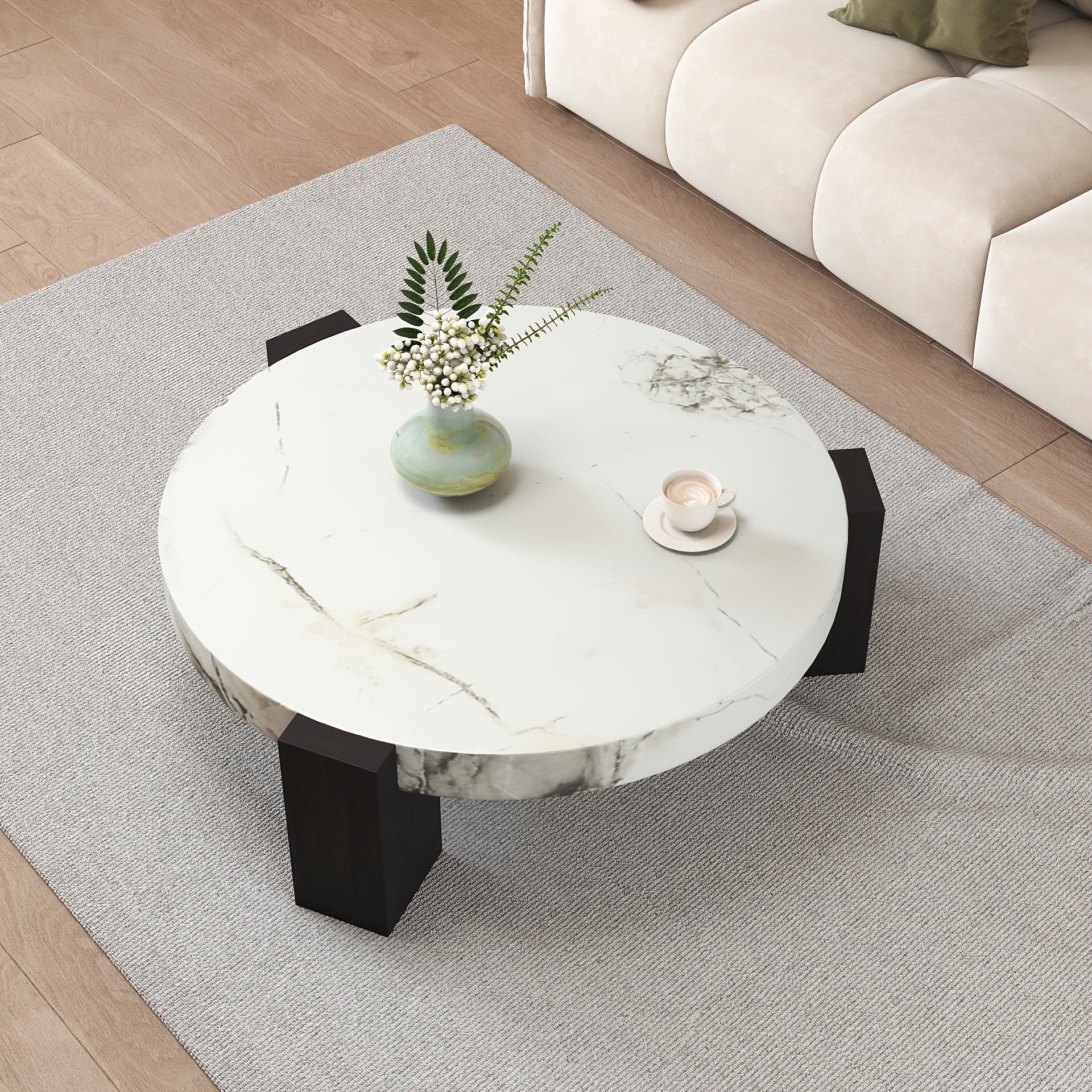 Modern Round Nesting Coffee Tables Set Of 2, Round Coffee Table For Living Room, Coffee Tables With Faux Marble Texture Surface And C-Shaped Side Table, Nesting Coffee Tables For Living Room, Apartment, Bedroom