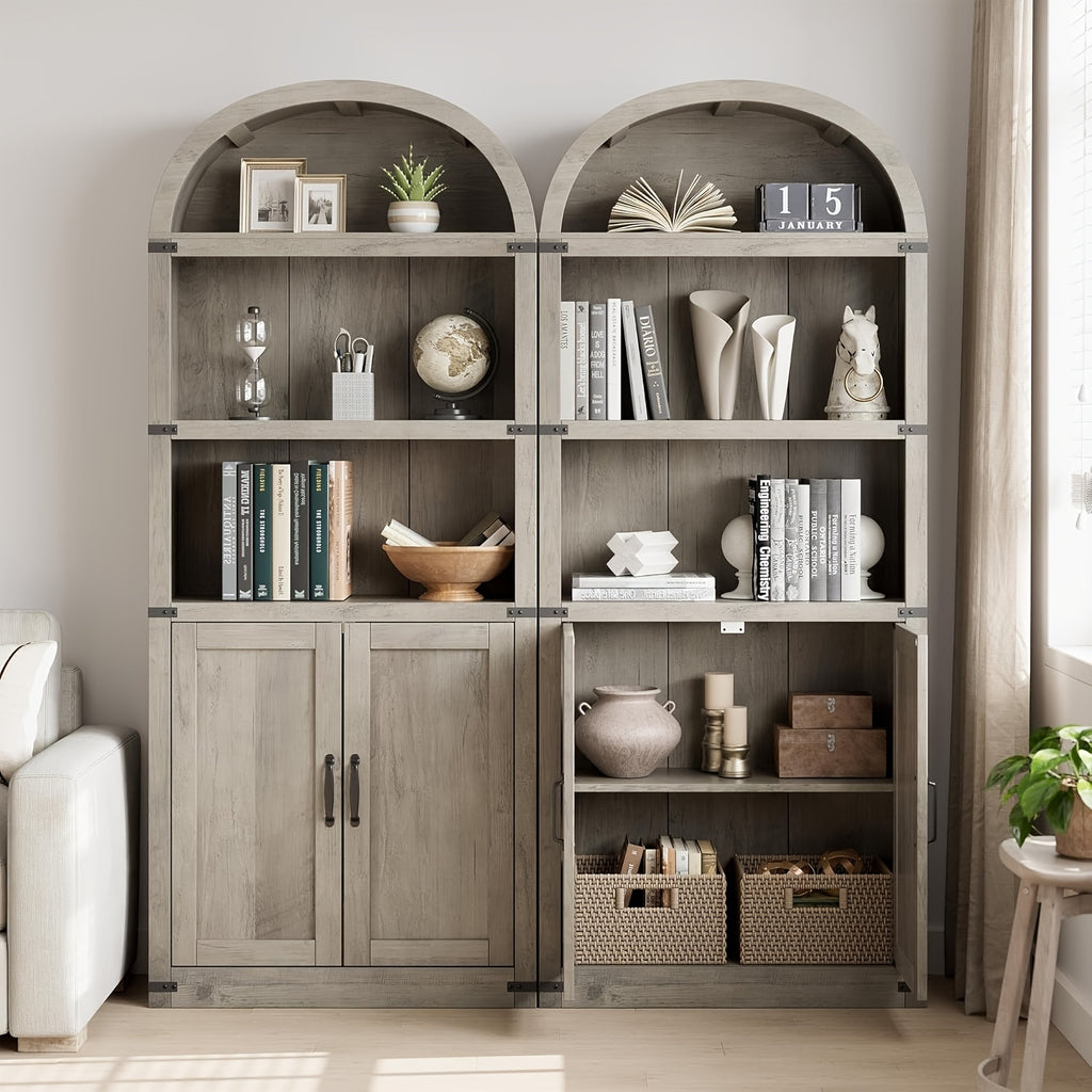 Farmhouse Cabinet with Shelves Bookcase with Doors Arched Bookshelf 71.65 Inch High Bookcase for Home Office, Living Room