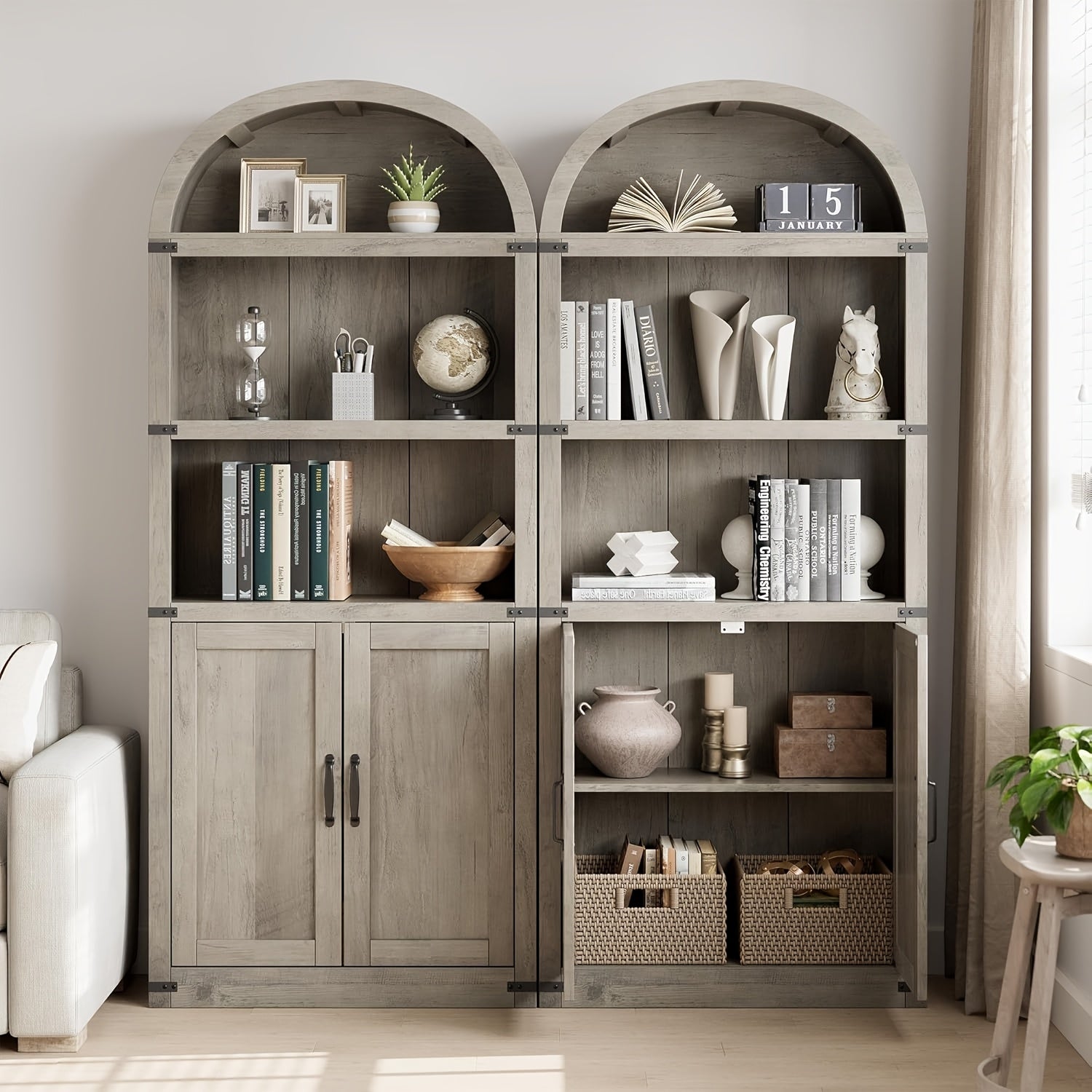 Farmhouse Cabinet with Shelves Bookcase with Doors Arched Bookshelf 71.65 Inch High Bookcase for Home Office, Living Room