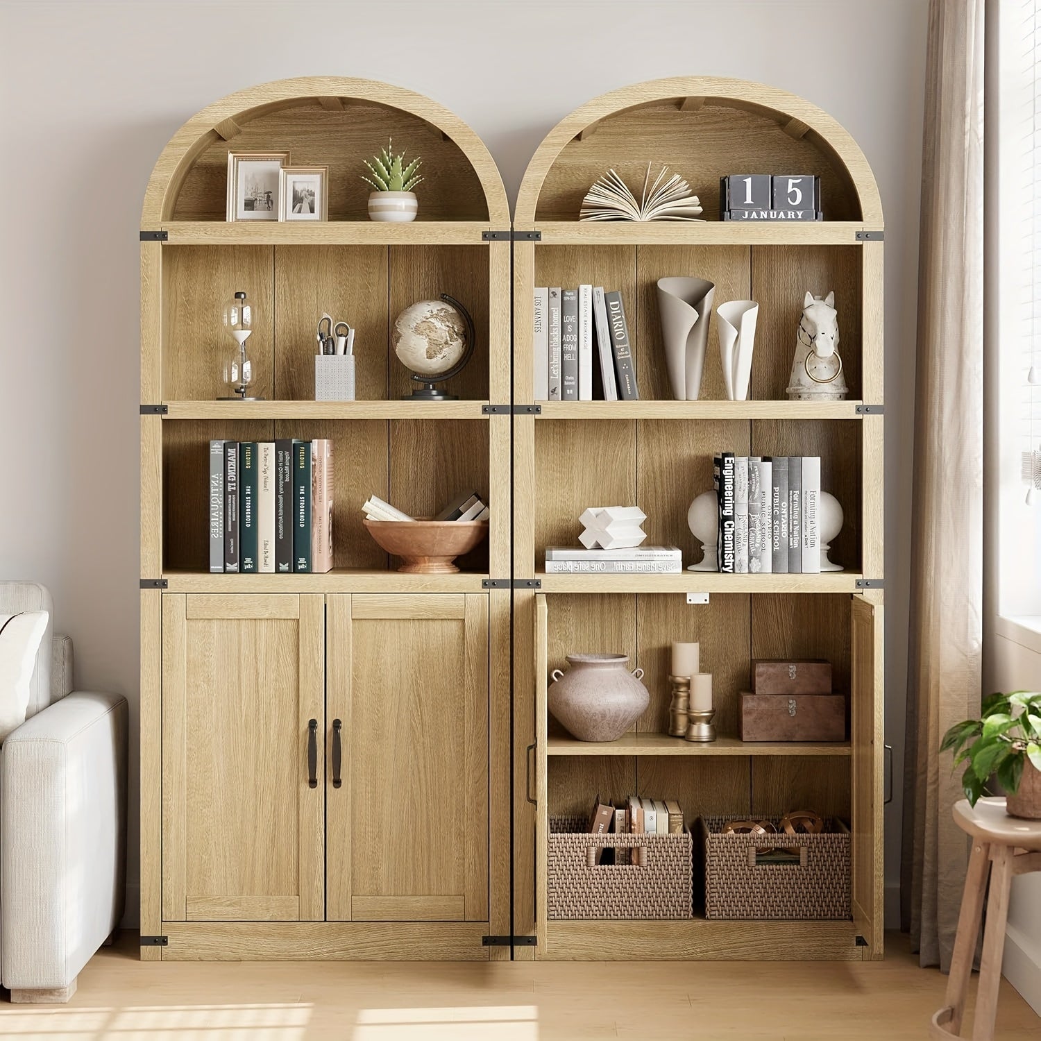 Farmhouse Cabinet with Shelves Bookcase with Doors Arched Bookshelf 71.65 Inch High Bookcase for Home Office, Living Room