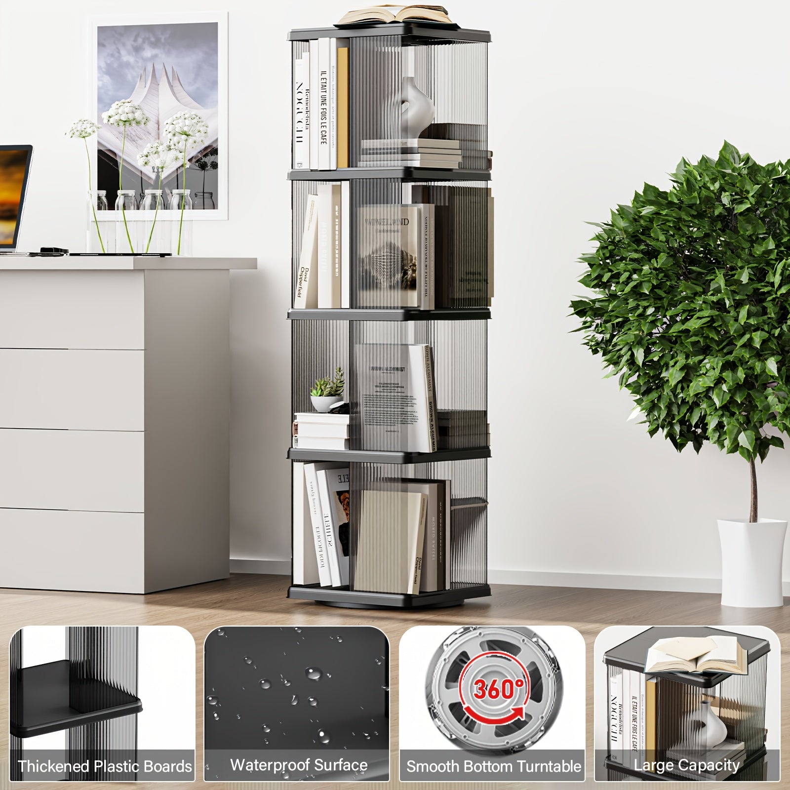 SYNCVIBE Rotating Bookshelf, Small Corner Bookshelf For Small Space, 360 Display 4 Tier Floor Standing Bookcase, Plastic Narrow Book Shelf Organizer For Bedroom, Living Room, White