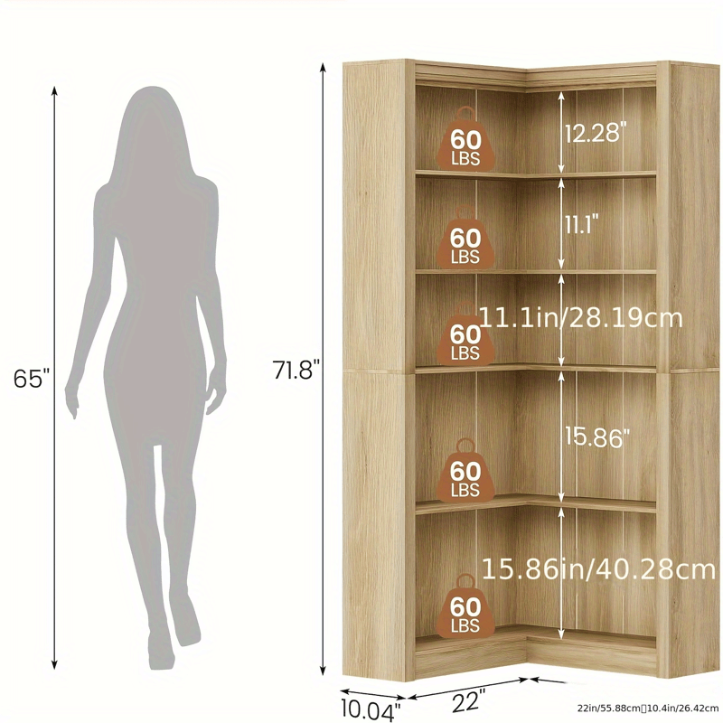 Cabihome 71. 8-inch Corner Panel Bookcase Bookshelf, 5-layer Freestanding Display Rack with Open Storage Space, Easy to Assemble, Suitable for Living Room, Bedroom, Office (Original Wood\u002F Black\u002F Vintage Color)