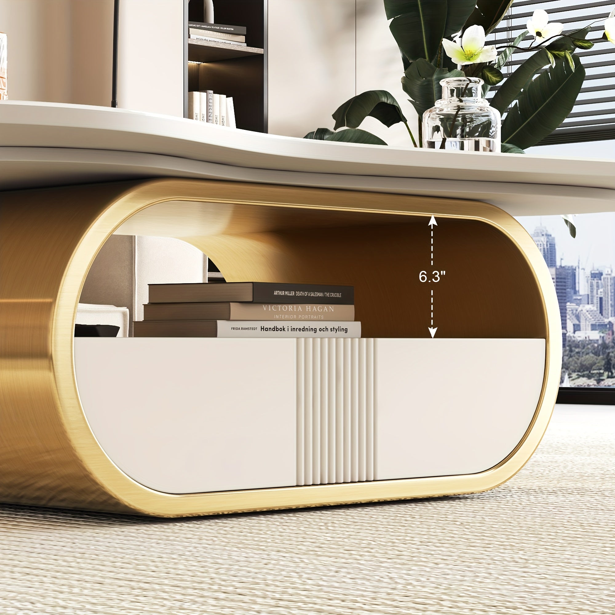 Modern Butterfly Coffee Table with Sintered Stone Top Oval Center Table with Storage Shelf & Drawer, Stainless Steel Base & MDF Cabinet