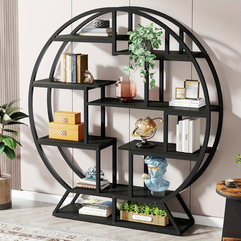 63-inch Industrial Wood Round Bookshelf, Rustic Open Shelving Organizer for Home Office, Living Room, Black