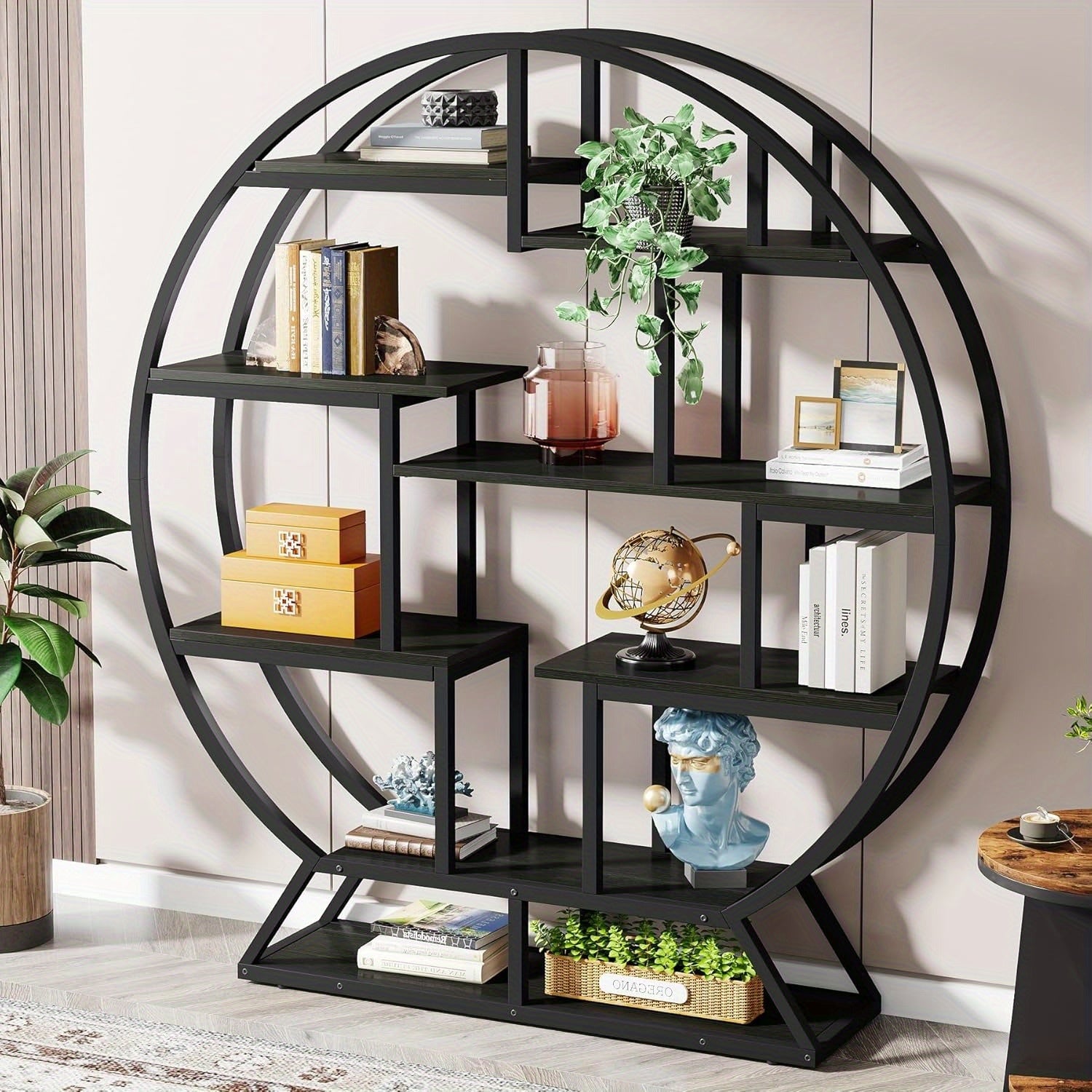 63-inch Industrial Wood Round Bookshelf, Rustic Open Shelving Organizer for Home Office, Living Room, Black