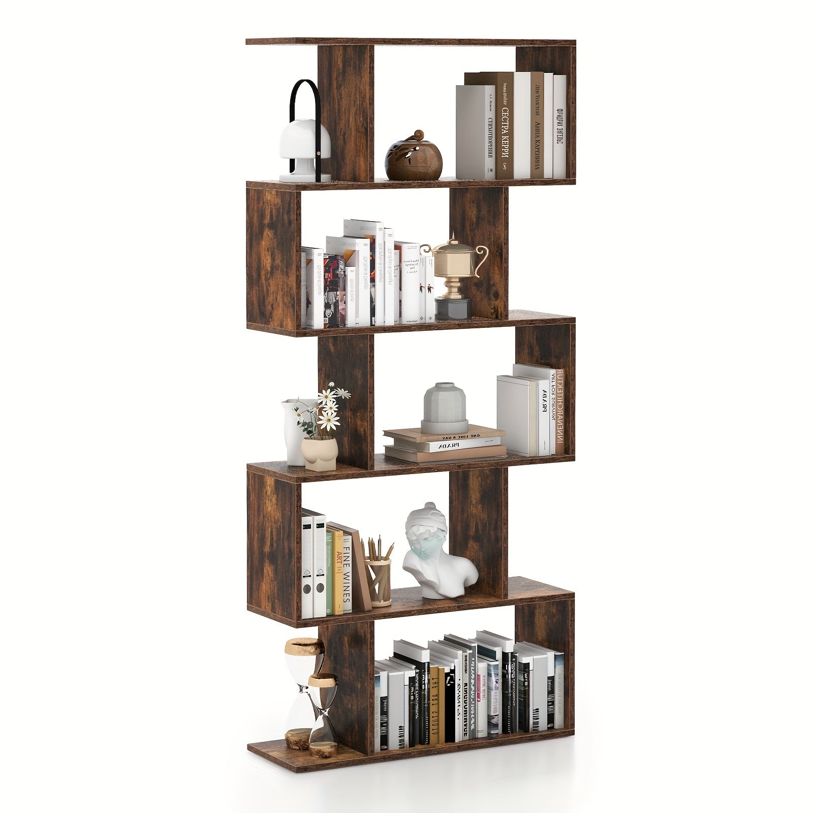 5-Tier Geometric S-Shaped Bookcase, Rustic Wooden Room Divider Storage Display Shelf, 62.5\