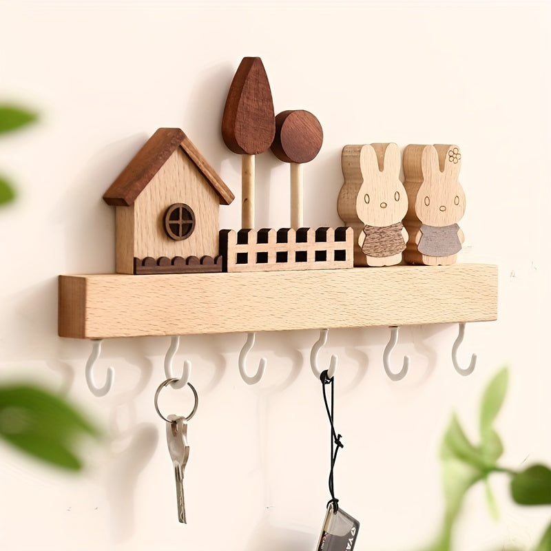 1pcs solid wood rabbit hook, solid wood key hook shelving, hanging key storage coat and hat hook