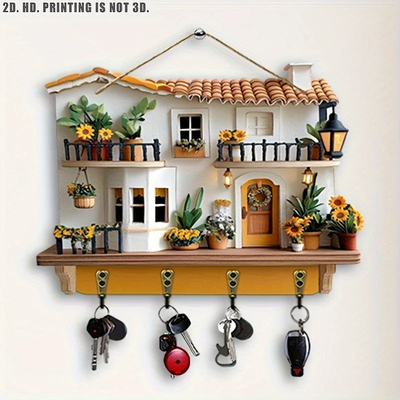 Rustic Pine Wood Flower Cottage Key Holder - Natural Material, 2D Flat Wall-Mounted Entryway Decor with Floral Cutouts & 4 Key Hooks, Cute Home Organization for Keys & Small Items, Decorative Detailing, Wall Mounted Organizer, Apartment Living, 2D Flat