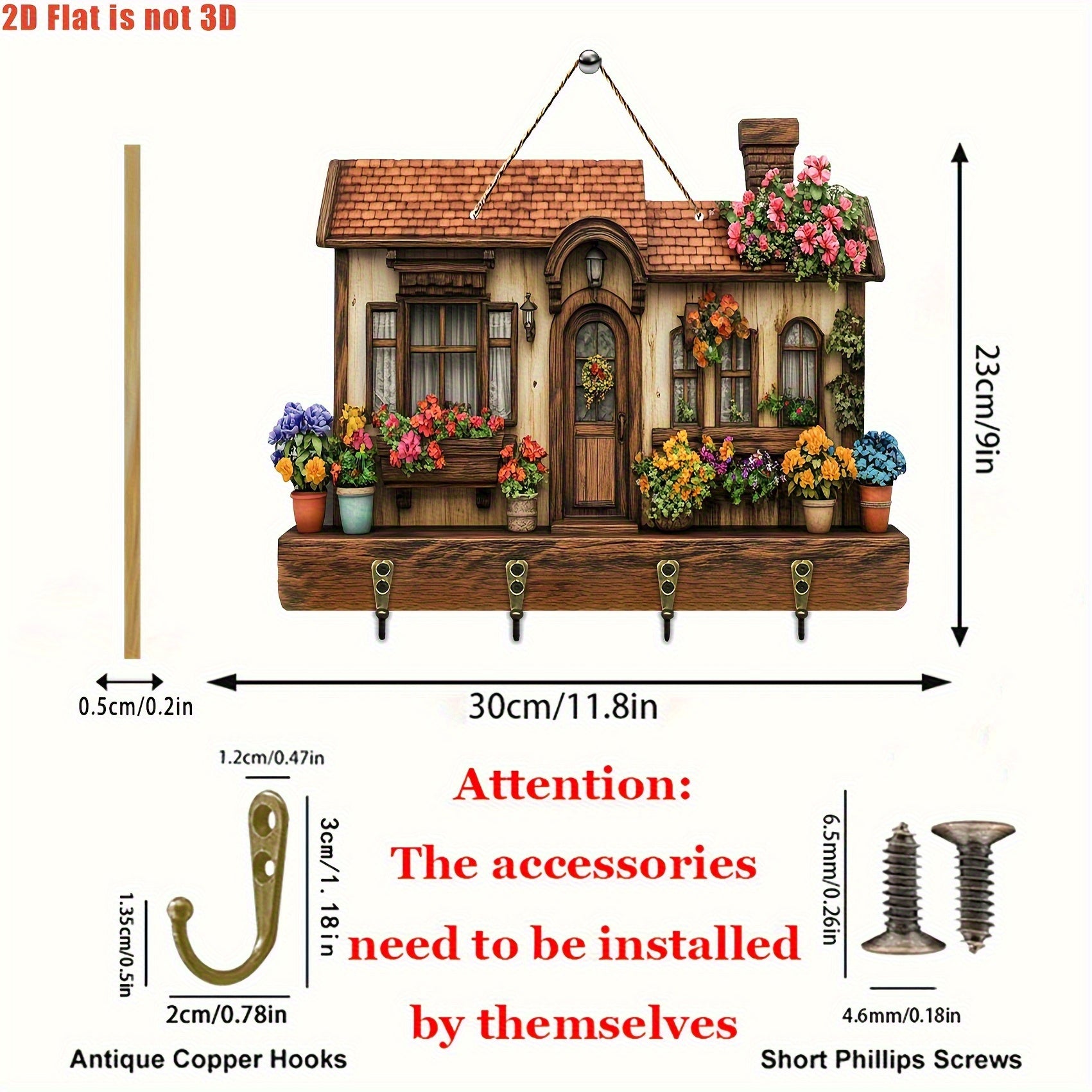 Rustic Pine Wood Flower Cottage Key Holder - Natural Material, 2D Flat Wall-Mounted Entryway Decor with Floral Cutouts & 4 Key Hooks, Cute Home Organization for Keys & Small Items, Decorative Detailing, Wall Mounted Organizer, Apartment Living, 2D Flat