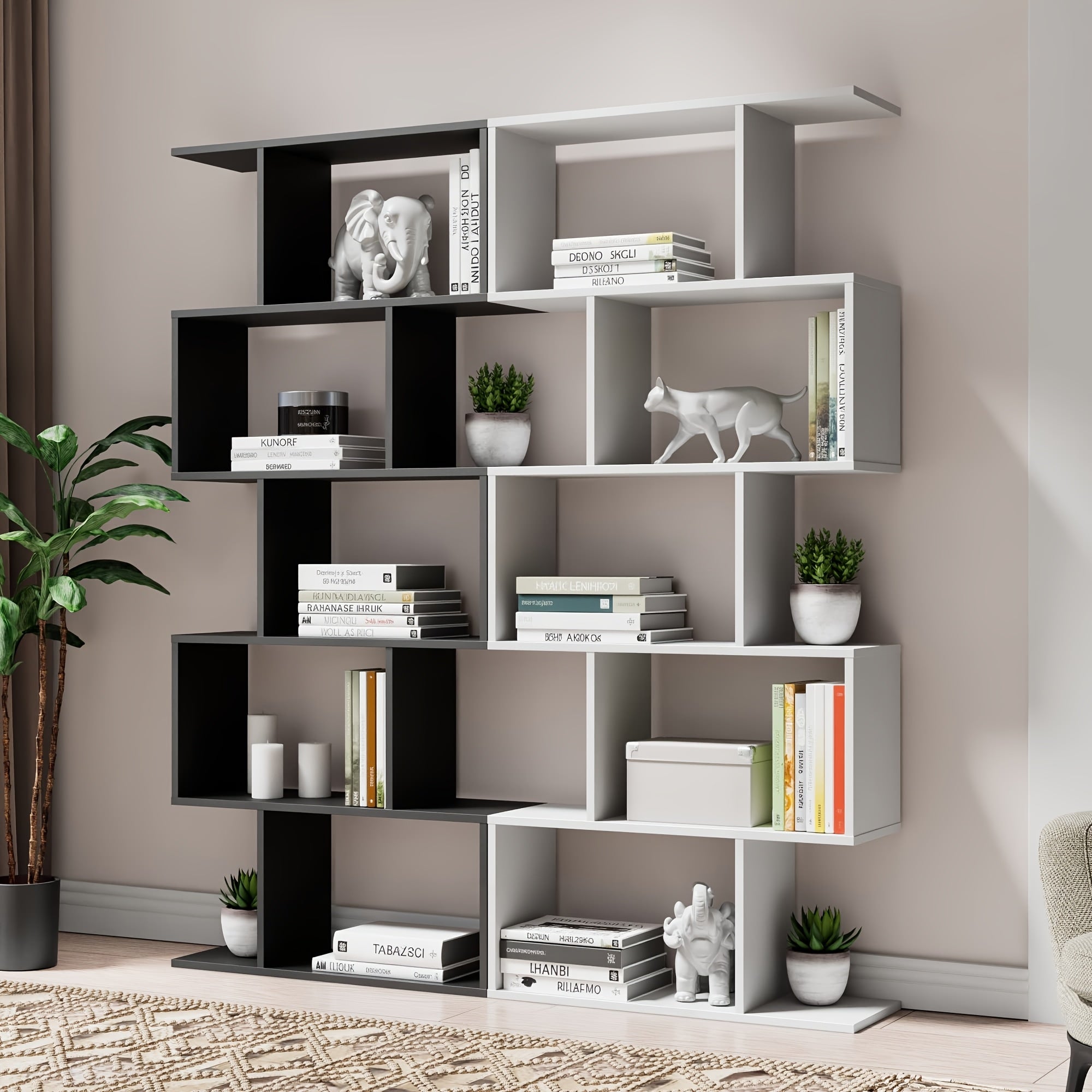 Aurorome 5-Tier Wooden Geometric S-Shaped Bookcase, Set Of 2 Storage Rack with Open Shelves, Shelving for Plant Album, Trinket Display, Spacious Storage Display Shelf - 62.5\