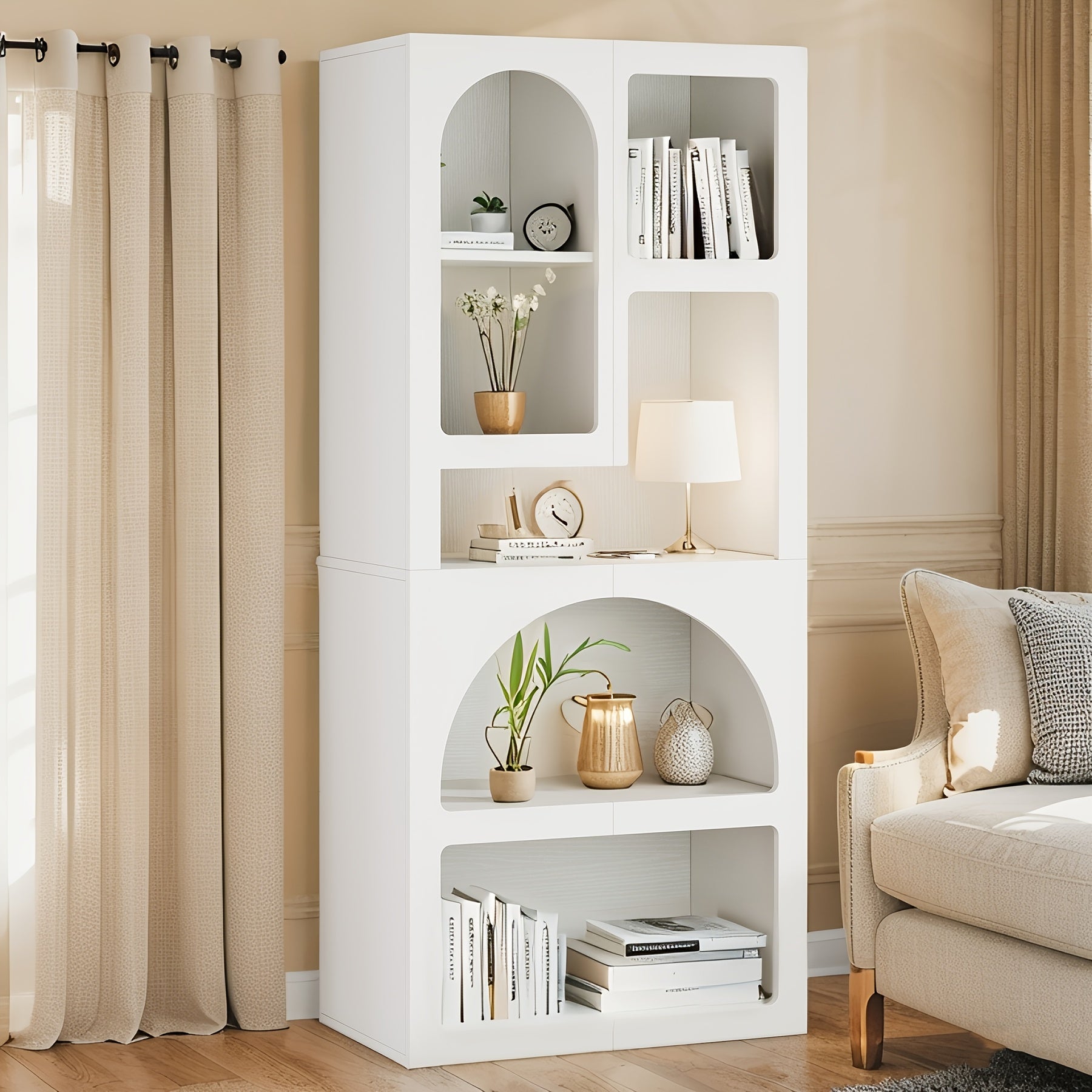 Tall Arched Bookshelf, 5 Tiers Arch Bookcase With Storage, Modern Farmhouse Book Shelf, Wood Bookshelf W\u002FOpen Display Shelves For Living Room, Office