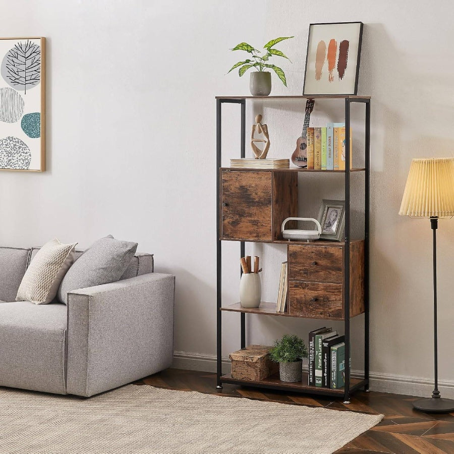 5 - Tier Bookshelf, Bookcase with 2 Storage Drawers and 1 Cabinet, Wooden Shelf with Metal Frame Open Book Shelves Standing Shelf Unit Living Room, Bedroom, Office