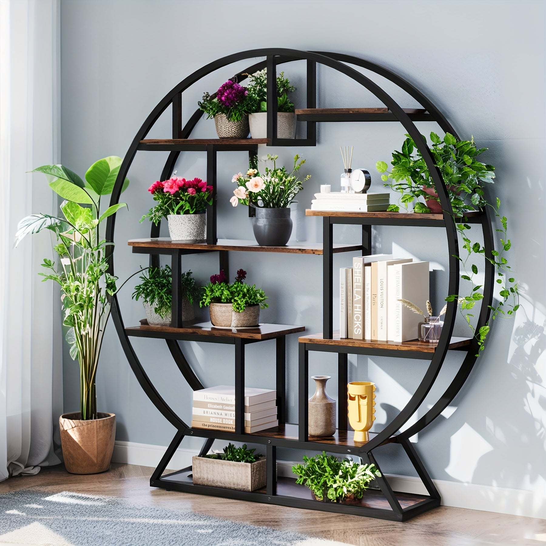 63-inch Industrial Wood Round Bookshelf, Rustic Open Shelving Organizer for Home Office, Living Room, Black