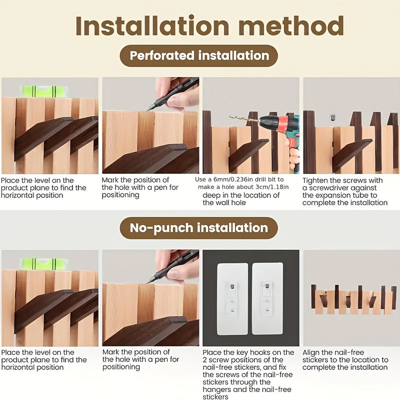 1pc Boho Style Wooden Piano Key Wall Rack, Easy Install Wall Mounted Coat Hook, Folding Hanging Storage Organizer for Bedroom, Entryway, Foyer, Mudroom - Aesthetic Room Decor