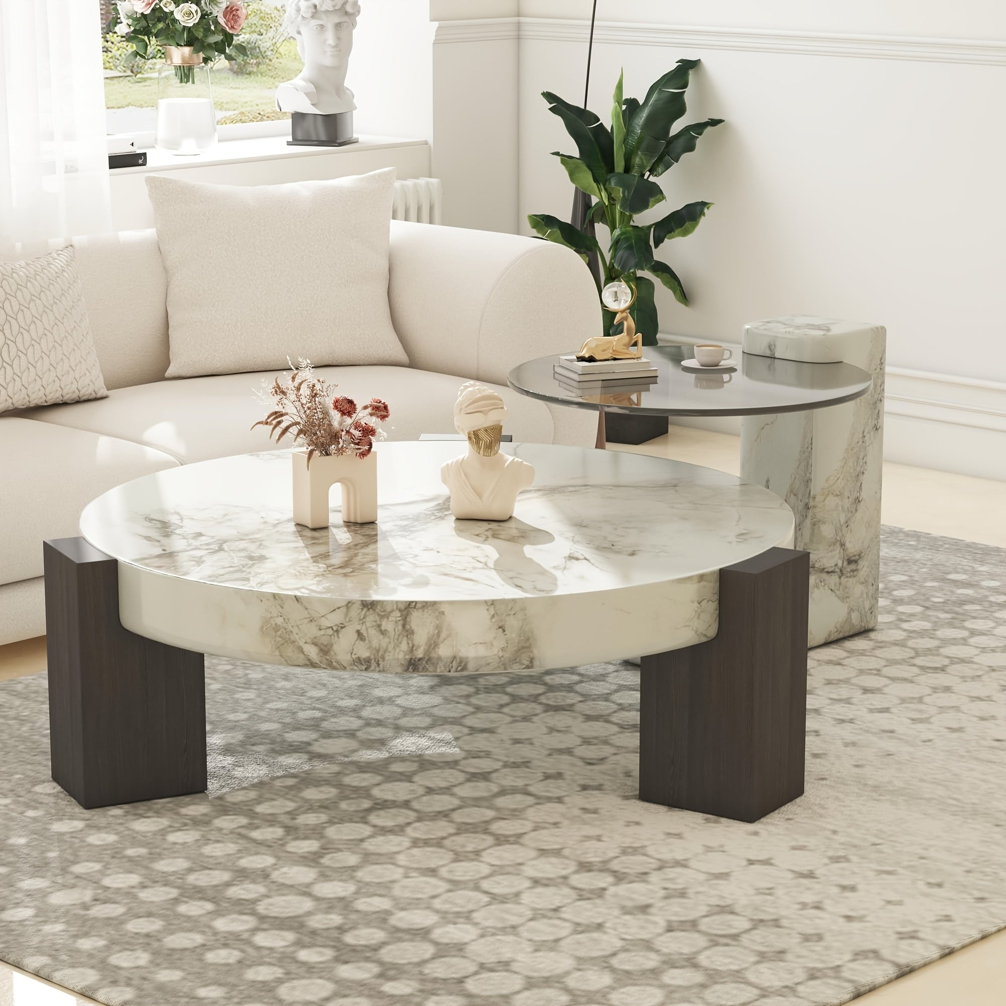 Modern Round Nesting Coffee Tables Set Of 2, Round Coffee Table For Living Room, Coffee Tables With Faux Marble Texture Surface And C-Shaped Side Table, Nesting Coffee Tables For Living Room, Apartment, Bedroom