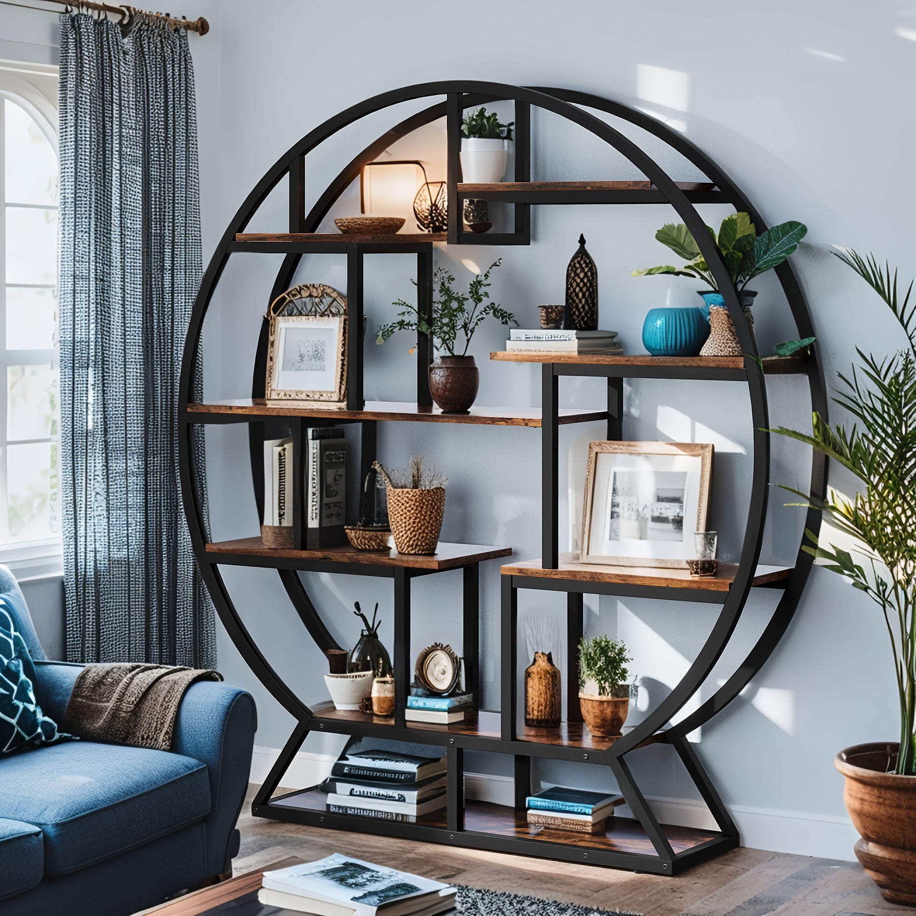 Bookcase Round 8 Tier Bookshelf Open Freestanding Storage Shelf Metal And Wood Plant Stand, Display Stand For Living Room Home Office Entryway Bedroom