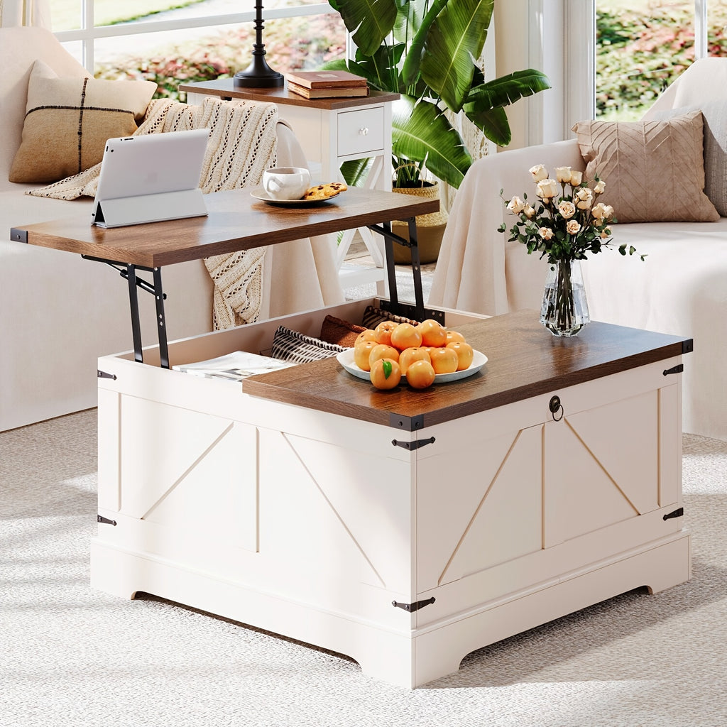 Versatile Farmhouse Lift Top Coffee Table - Square Wooden Centerpiece with Spacious Storage, Easy-Lift Hydraulic Mechanism, Perfect for Living Room & Bedroom Decor, Country Cocktail, Hidden Storage Compartment, Multi-Function Convertible
