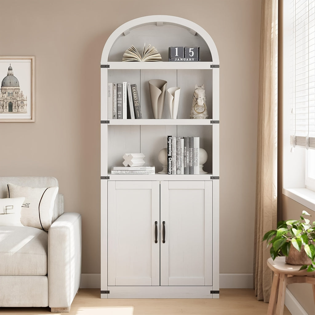 Farmhouse Cabinet with Shelves Bookcase with Doors Arched Bookshelf 71.65 Inch High Bookcase for Home Office, Living Room