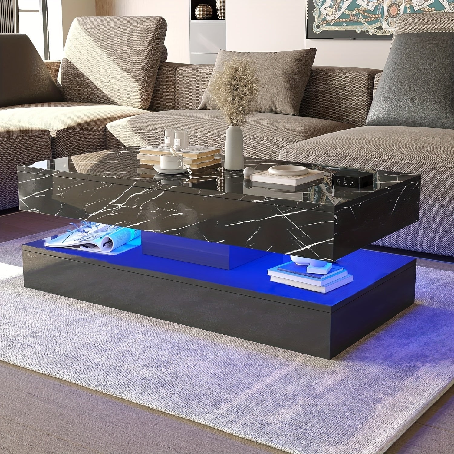 White LED Coffee Table with 2 Storage Drawers, Modern High Gloss Coffee Table w\u002F20 Colors LED Lights, 2 Tiers Rectangle Center Table for Living Room with Marbling Print, APP Control, Black
