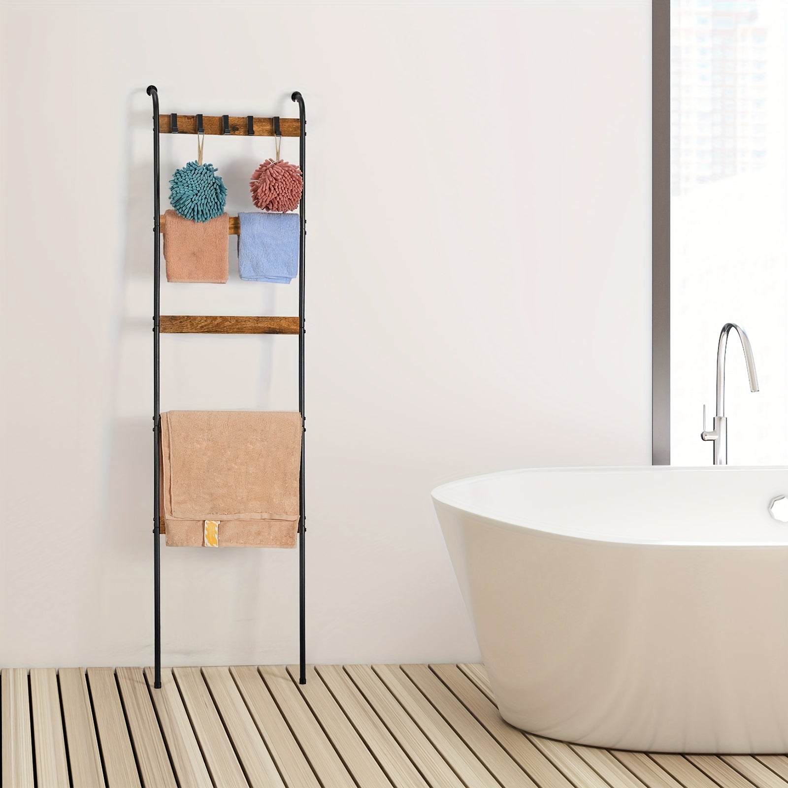 Blanket Ladder, 5 Tier Blanket Holder with 10 Removable Hooks, Farmhouse Style Blanket Ladder for Living Room Bathroom, Decorative Wall Mounted Wooden Quilt Standing Towel Drying Storage Rack