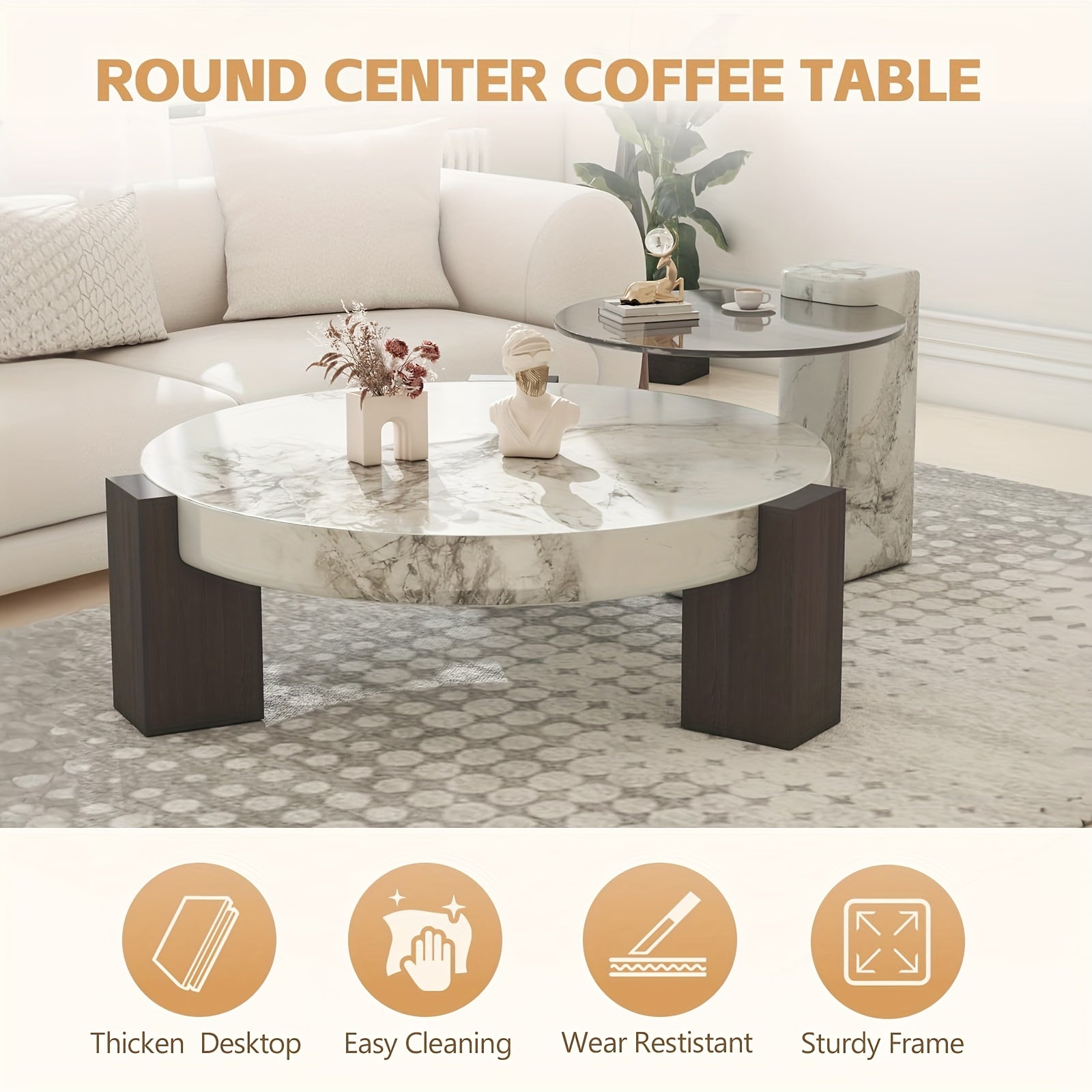 Modern Round Nesting Coffee Tables Set Of 2, Round Coffee Table For Living Room, Coffee Tables With Faux Marble Texture Surface And C-Shaped Side Table, Nesting Coffee Tables For Living Room, Apartment, Bedroom